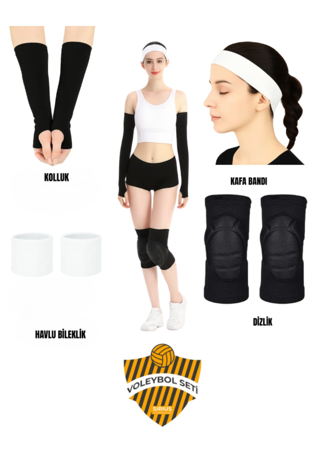 Bellanora 7'li Voleybol Seti Voleybol Dizliği Sünger Destekli Voleybol Kolluğu Havlu Bileklik Kafa Bandı Set