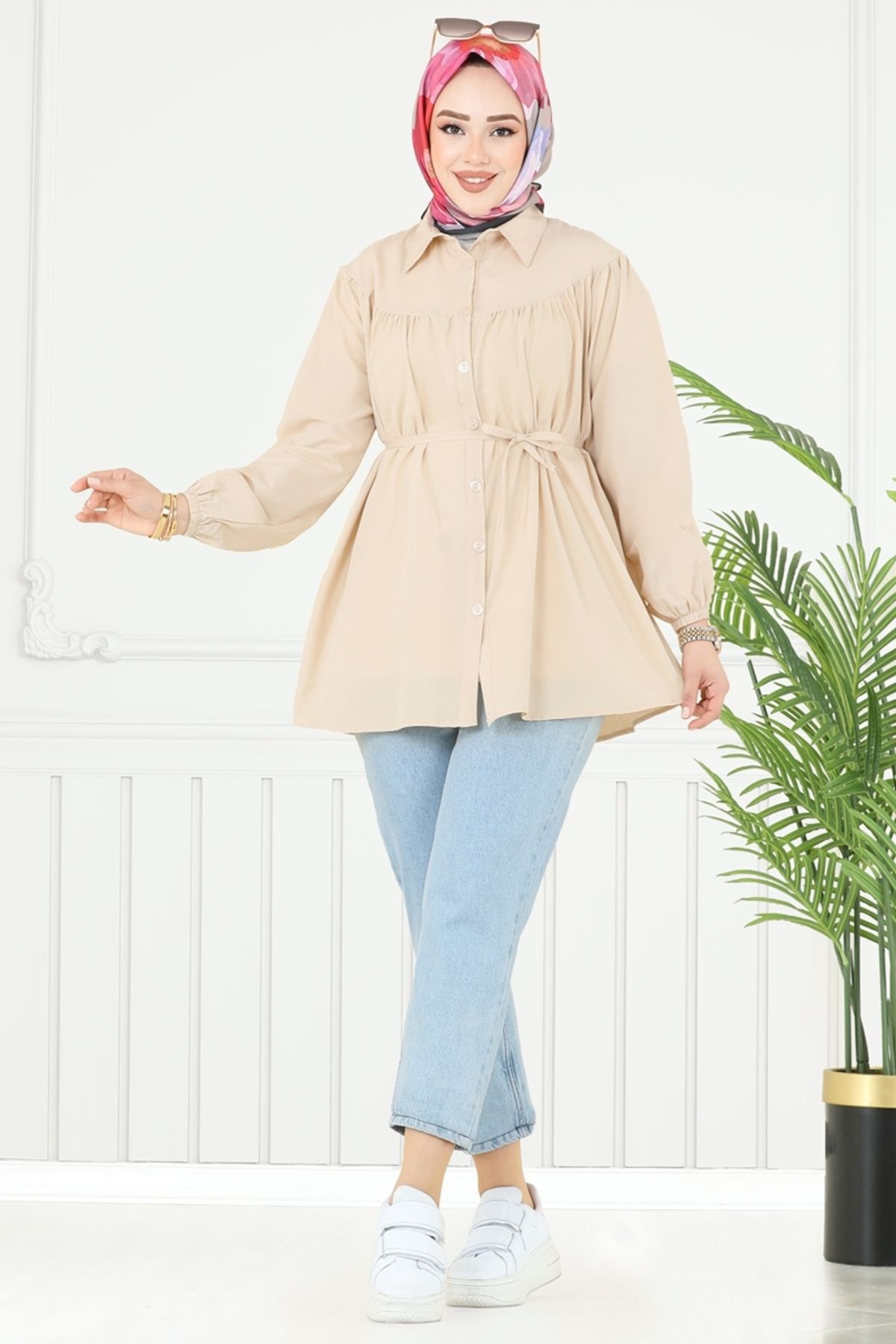 Modaselvim Beli Bağcıklı Tesettür Tunik 184ASN888 Taş