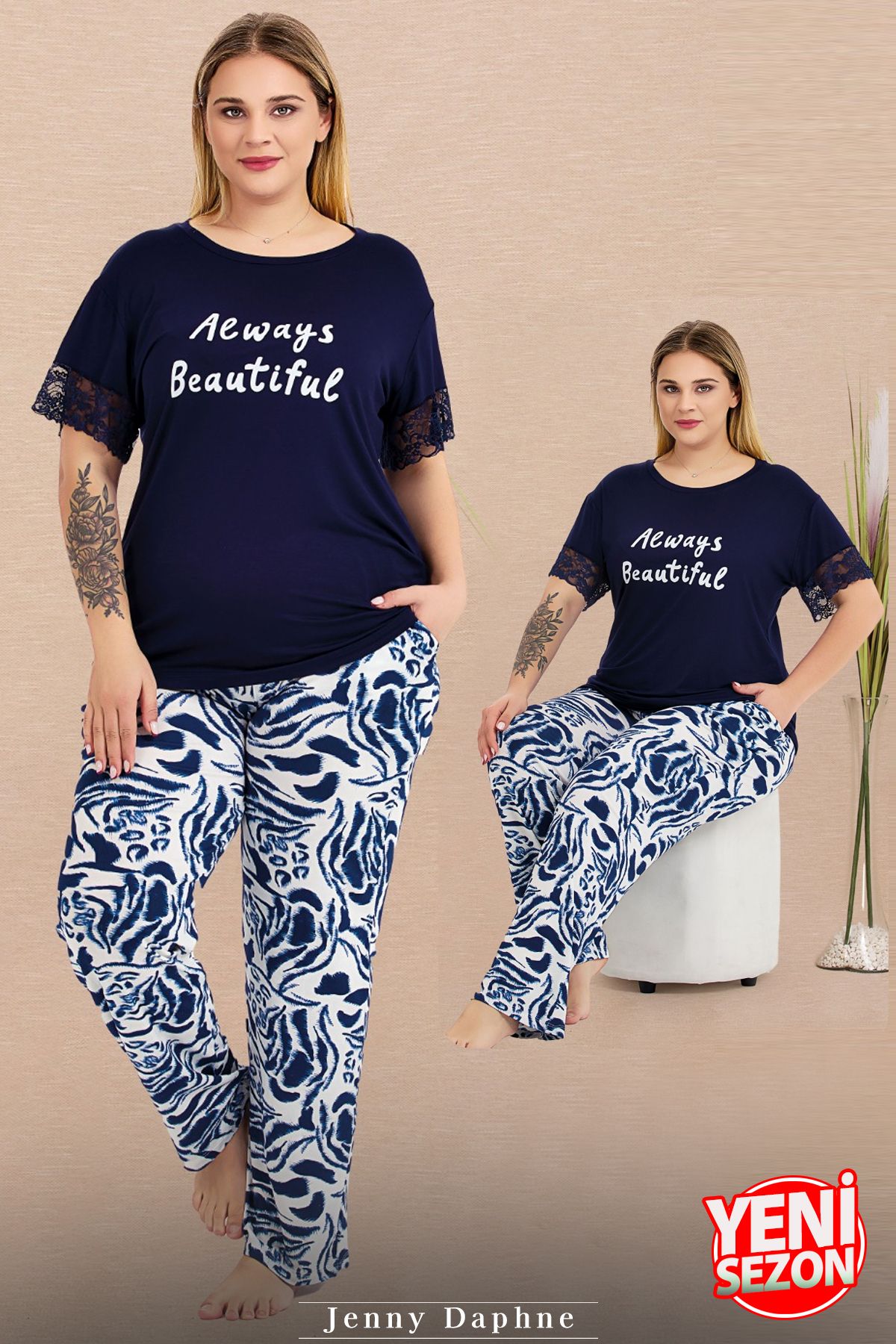 Jenny Daphne Lady Büyük Beden Çiçek Desenli Cepli Pijama Bisiklet Yaka Dantelli Kısa Kollu Pijama Takımı 11024
