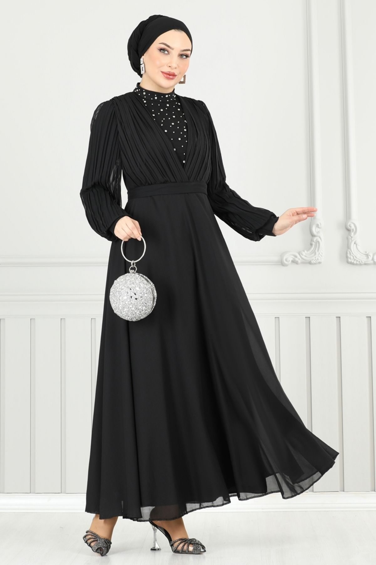 Modaselvim Taşlı Şifon Abiye 0404ALG474 Siyah