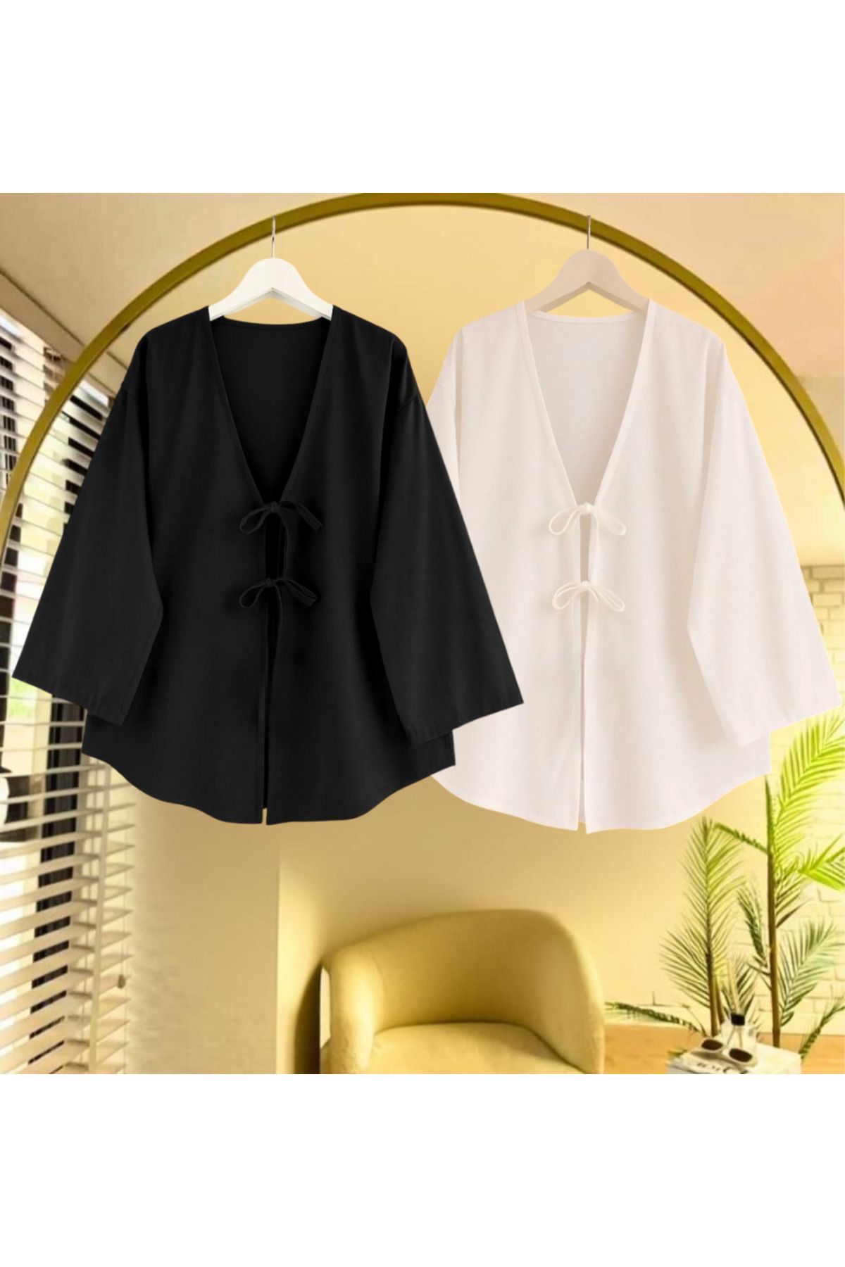hudors Önü Bağlamalı Kimono Tunik 2'li Siyah ve Beyaz