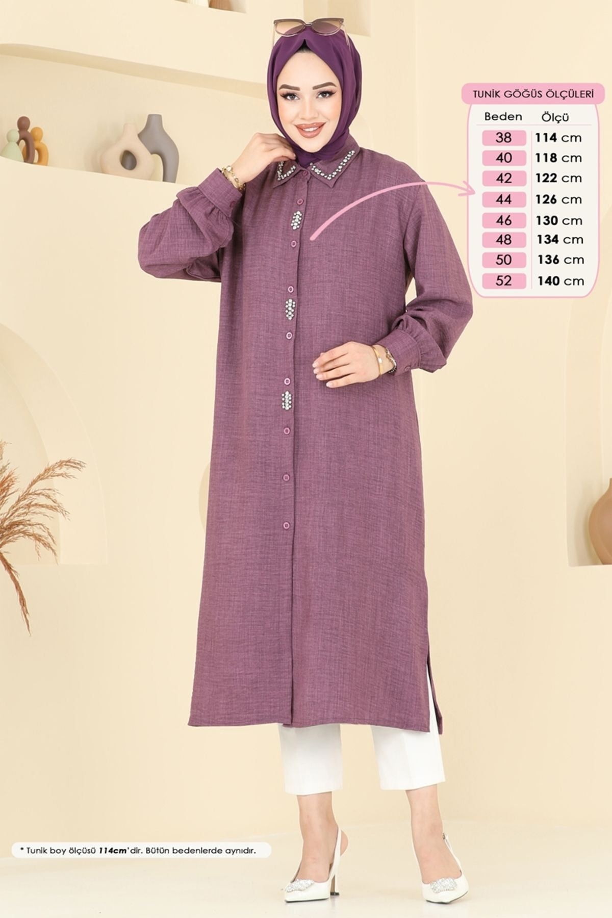 Modaselvim Taş Detay Keten Tunik 302HBS856 Koyu Lila