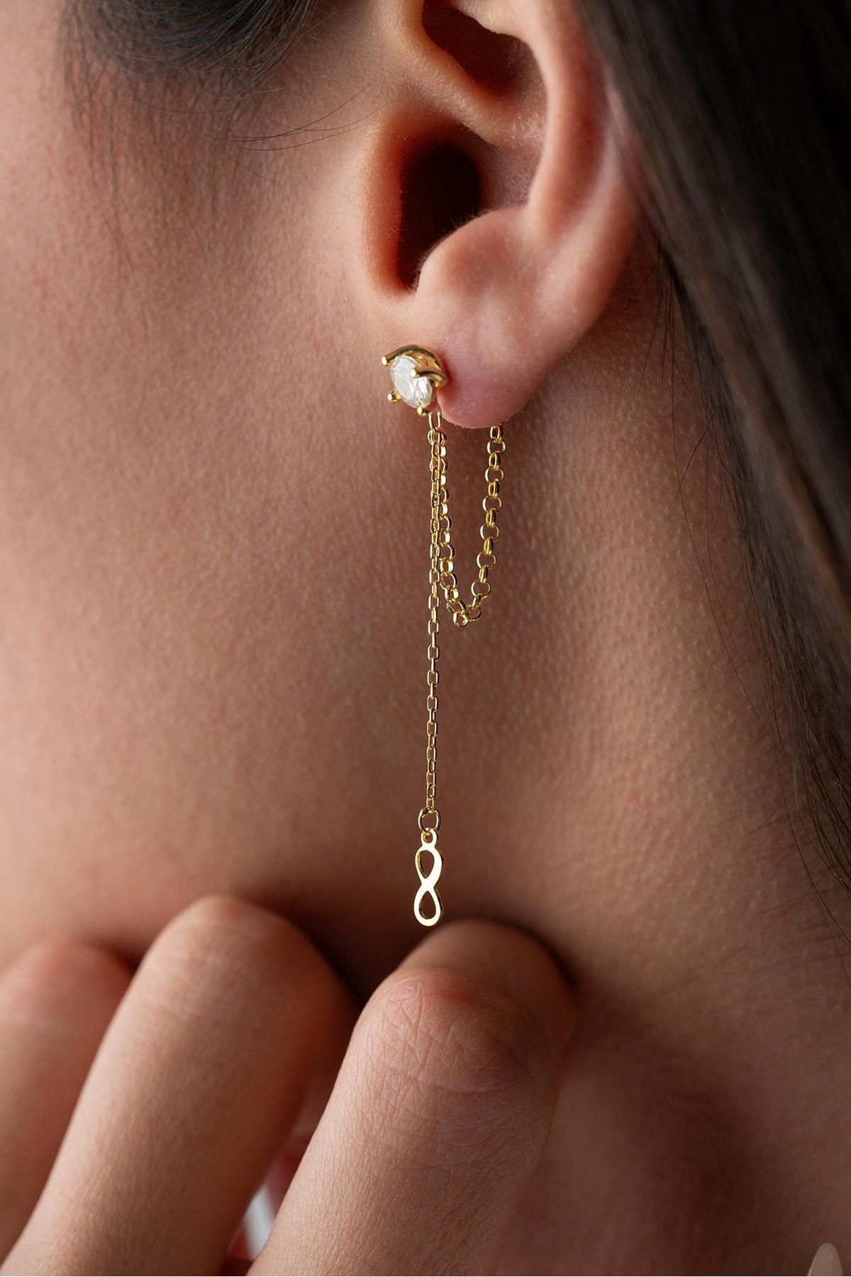Nereze 925 Ayar Gümüş Gold Kaplama 5 Mm Tektaş Sallantılı Zincir Sonsuzluk Model Küpe