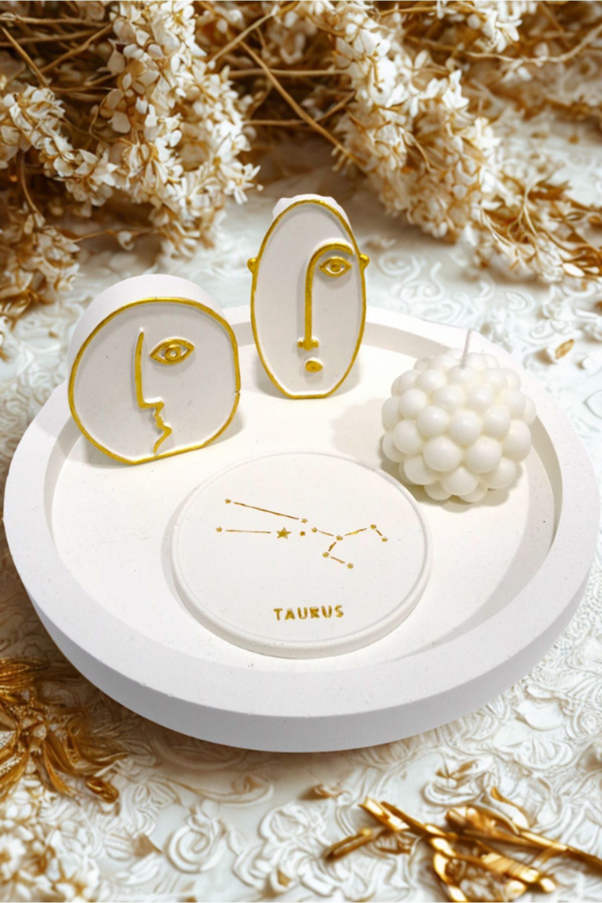Vestark Boğa Burcu Astrolojik Dekor Seti - Soyut Yüzler & Balon Mum