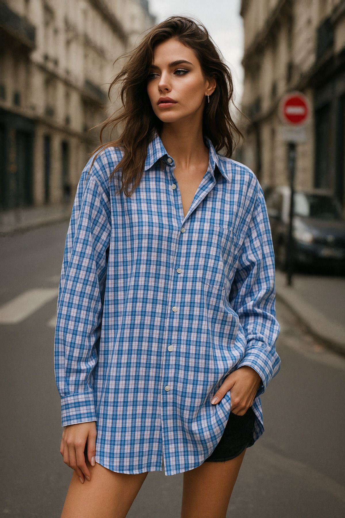 Rich Kadın Mavi Beyaz Oversize Ekoseli Gömlek Over Fit Relaxed Gömlek