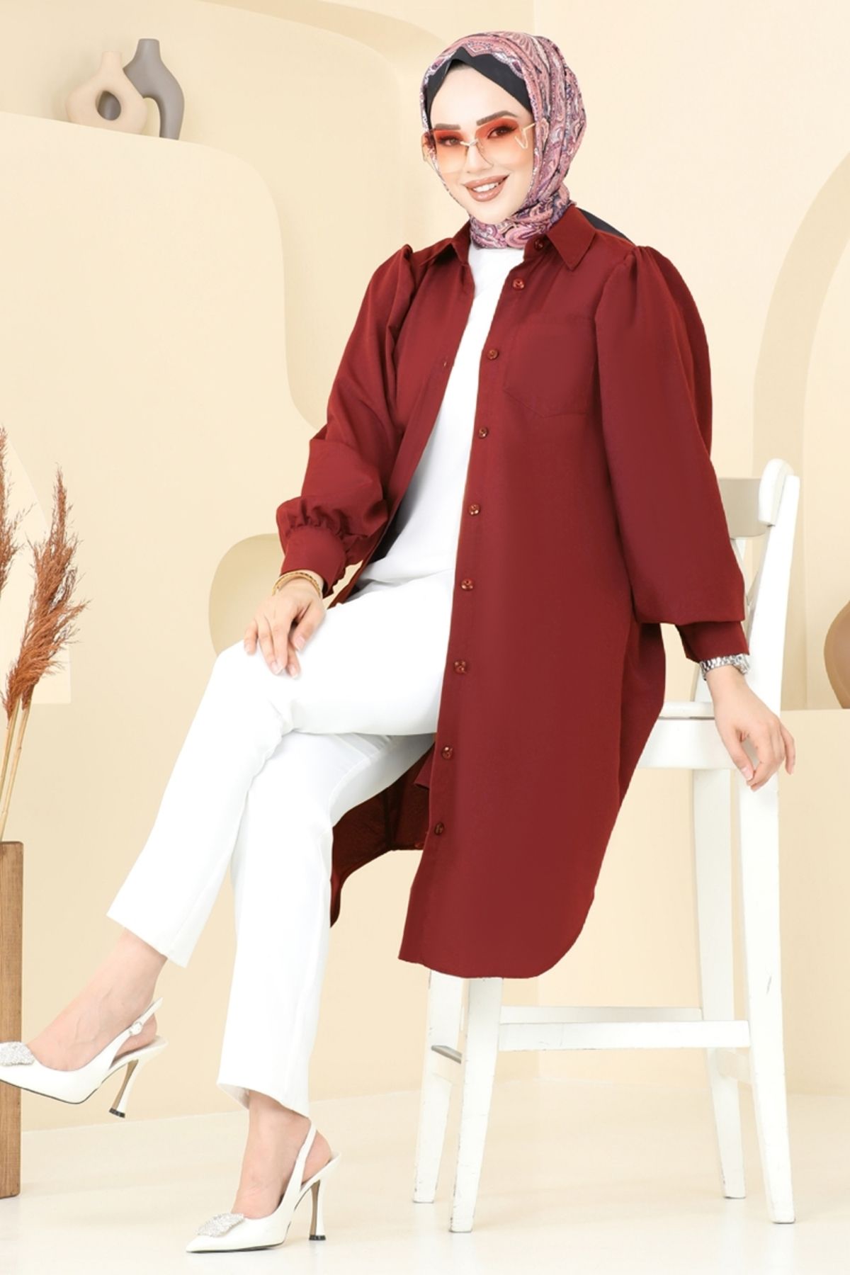 Modaselvim Balon Kollu Tesettür Tunik 3039KTR750 Bordo