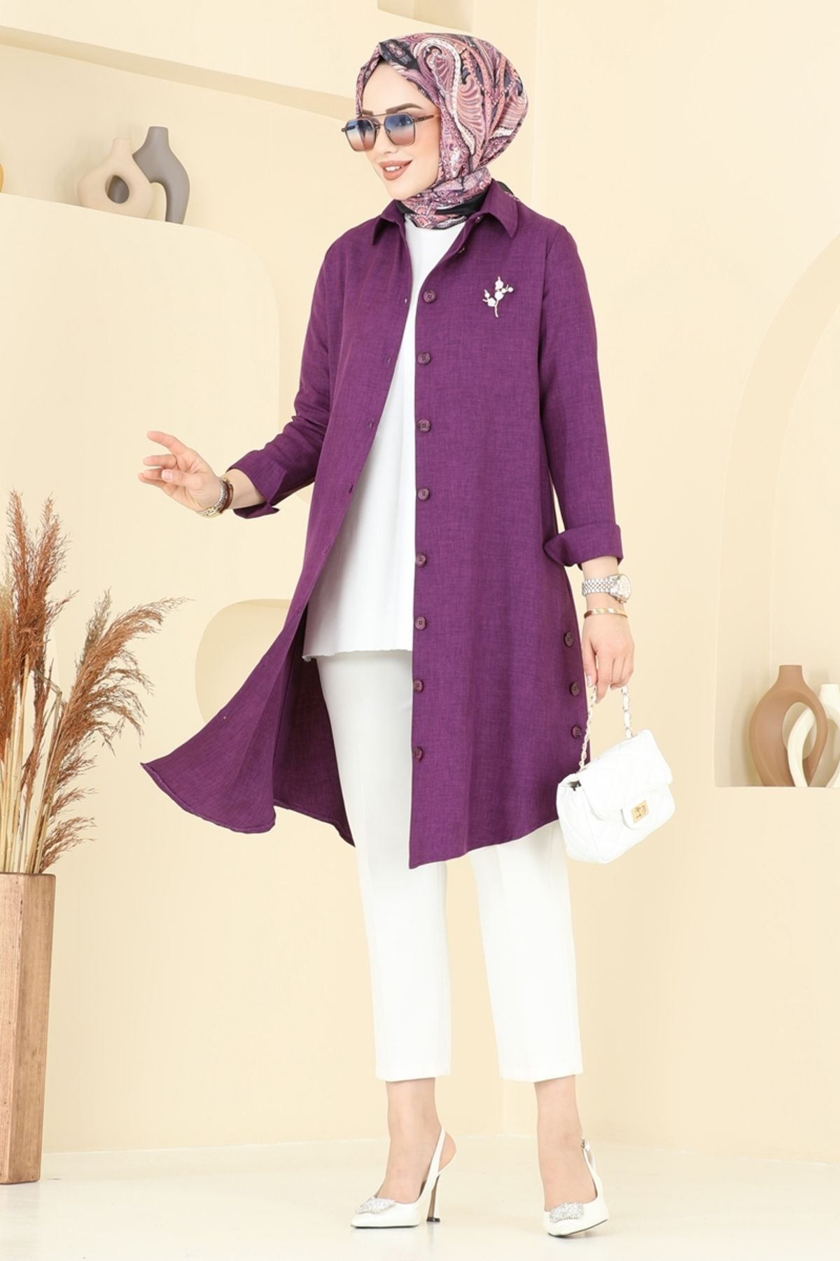 Modaselvim Yırtmaç Düğmeli Keten Tunik 3047KTR750 Koyu Lila