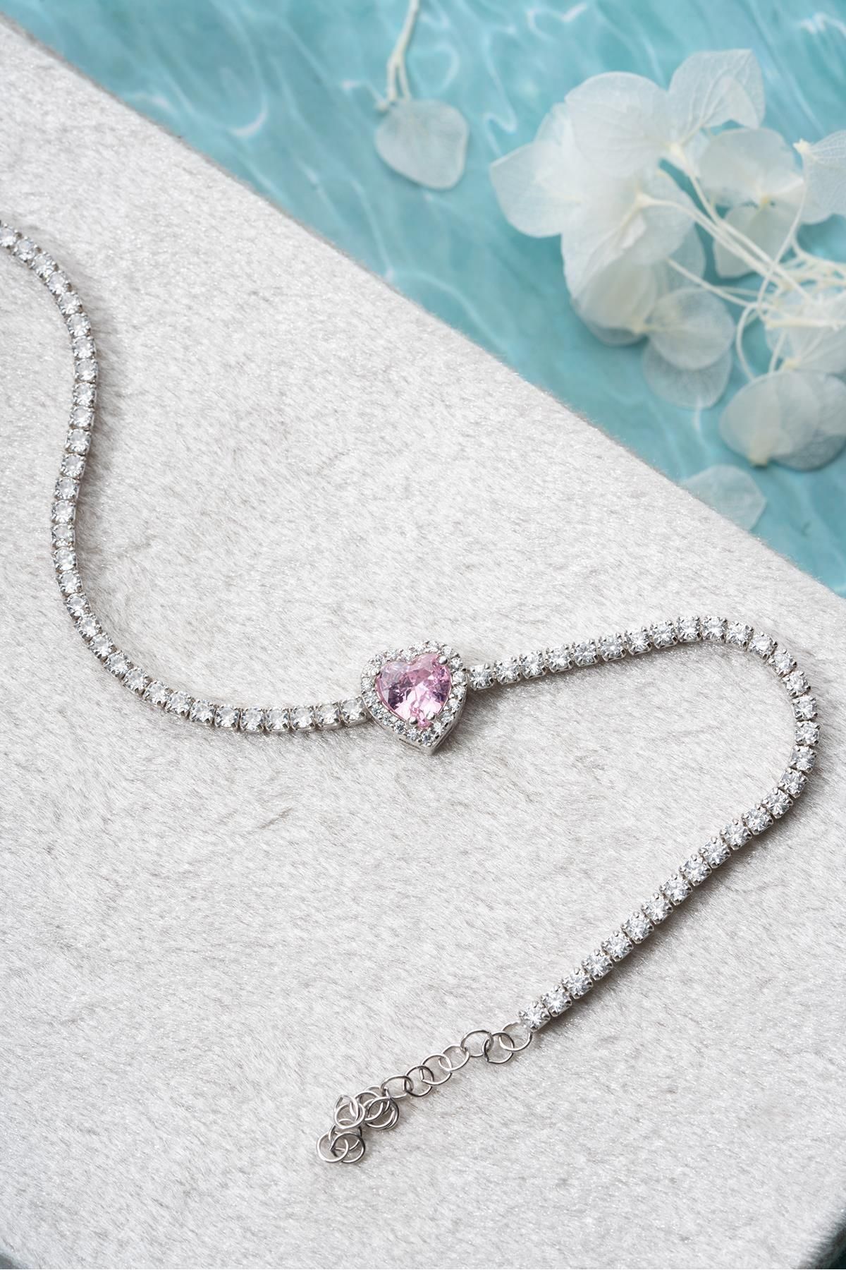 Nereze 925 Ayar Gümüş Rodyum Kaplama Pembe Taşlı Kalp 2 mm Zirkon Taşlı Suyolu Bileklik