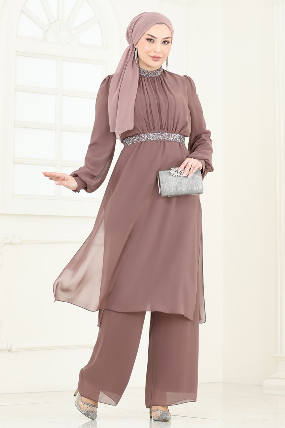 Modaselvim Kemeri Taşlı Şifon Abiye Takım 4272AB368 Pudra Vizyon