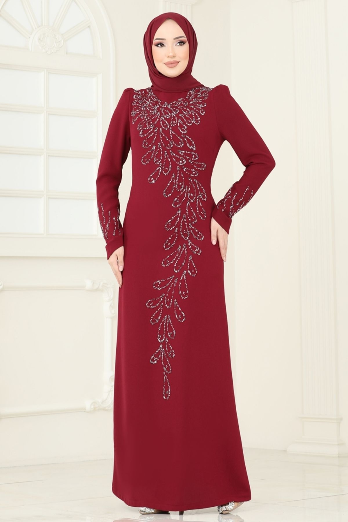 Modaselvim Taş Detay Abiye Elbise 4407MDH809 Bordo
