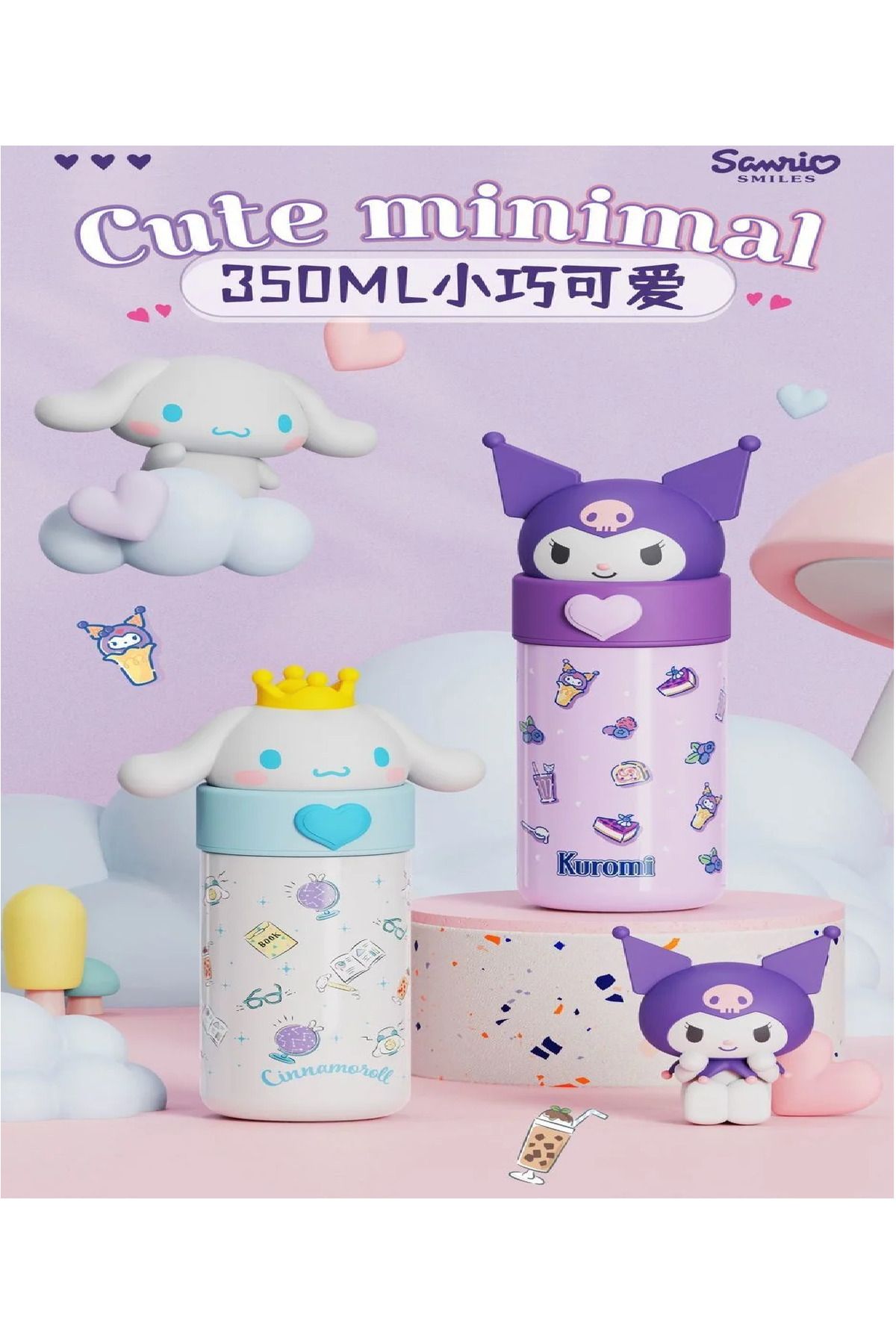 BABUN Sanrio Lisanslı Paslanmaz Çelik Kuromi Cınamoroll 350 ML Soğuk Sıcak Tutan Çocuk Termos