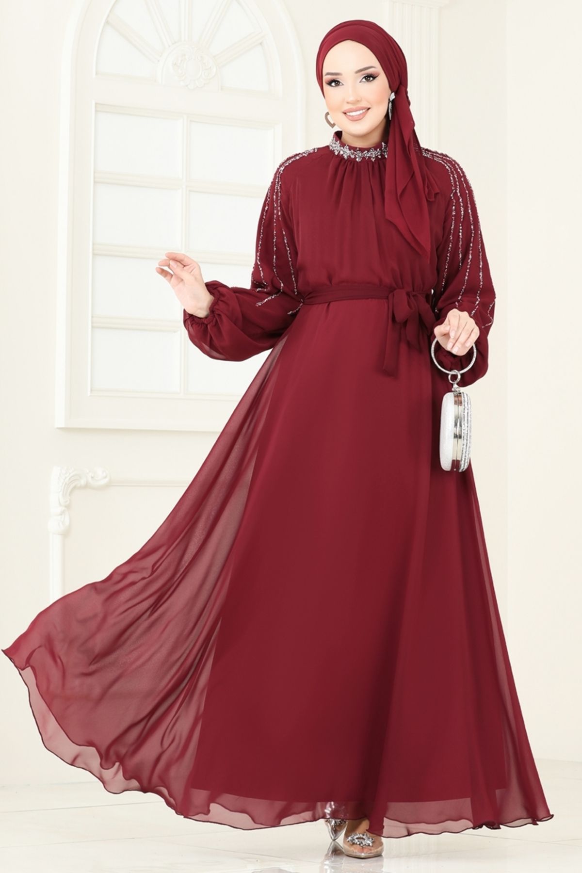 Modaselvim Kolları Taşlı Şifon Abiye 5666EDF311 Bordo