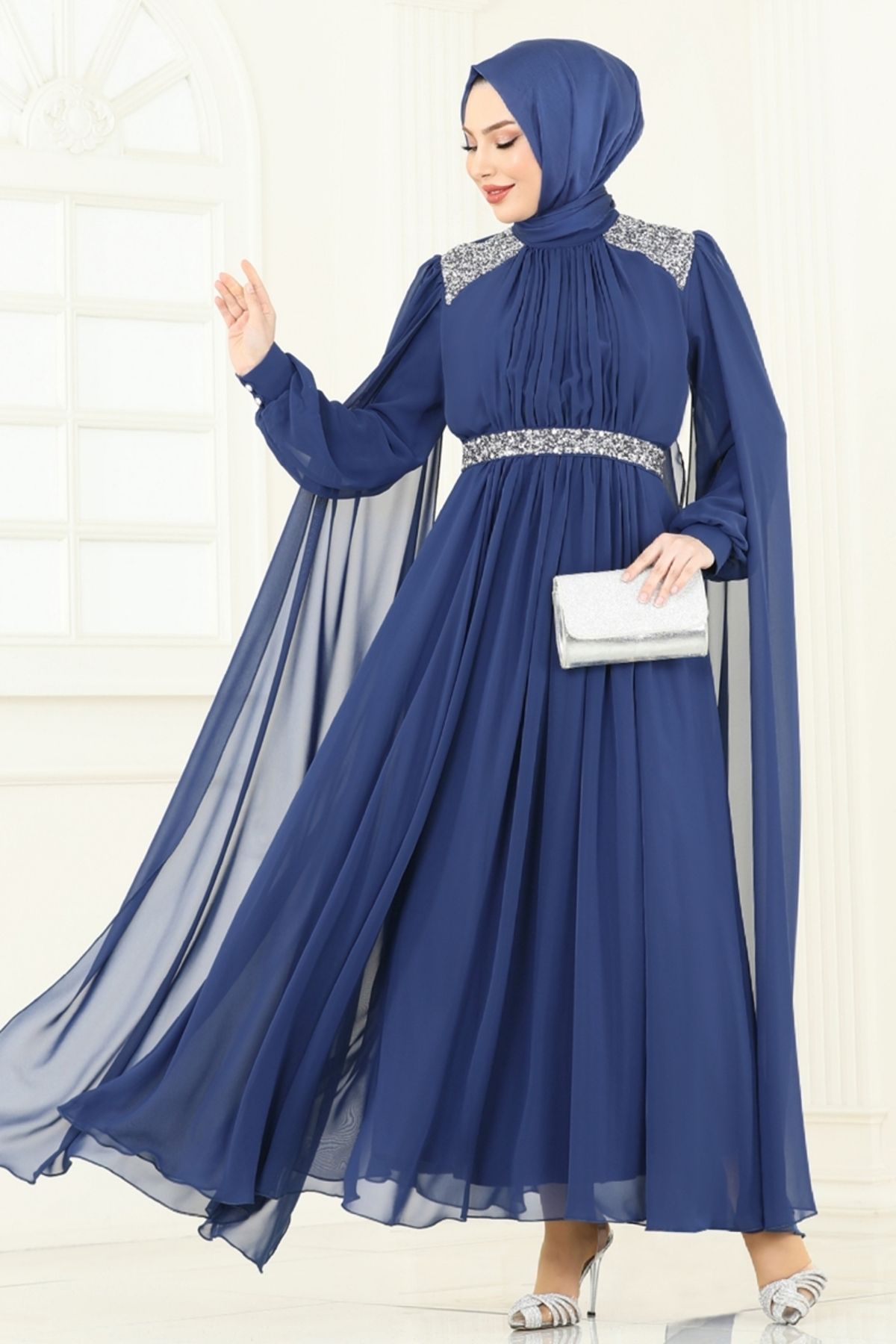 Modaselvim Pelerinli Şifon Abiye 7101AB368 İndigo