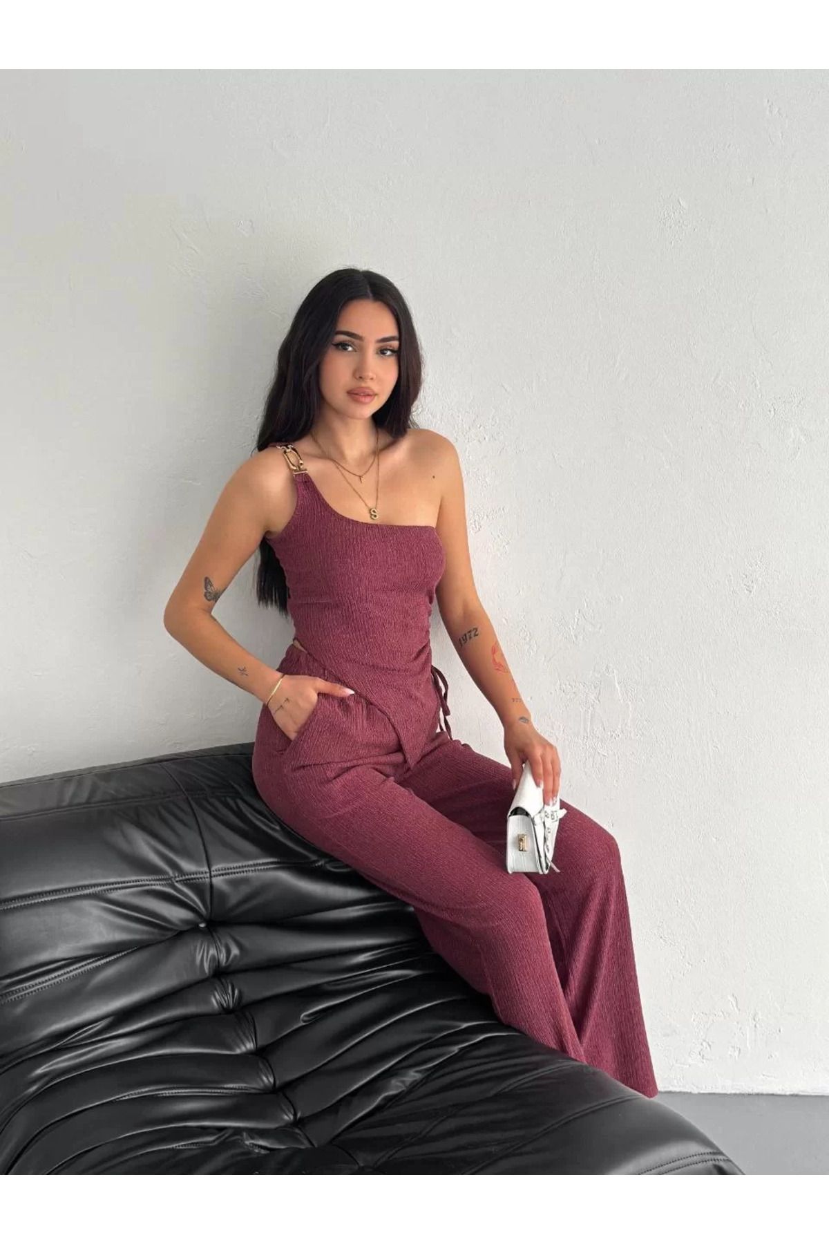 FantaziAtölyesi Asimetrik Crop Pantalon ikili Takım - Gül Kurusu