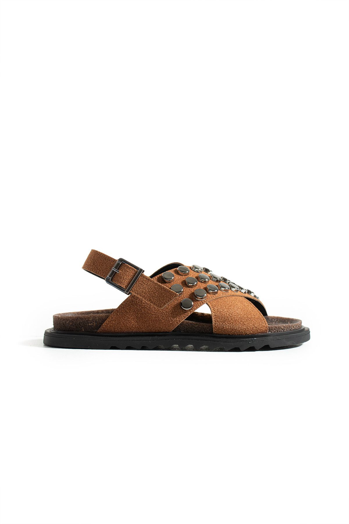 Gökçe Shoes Suzette Taba Süet Trok Detay Kadın Sandalet