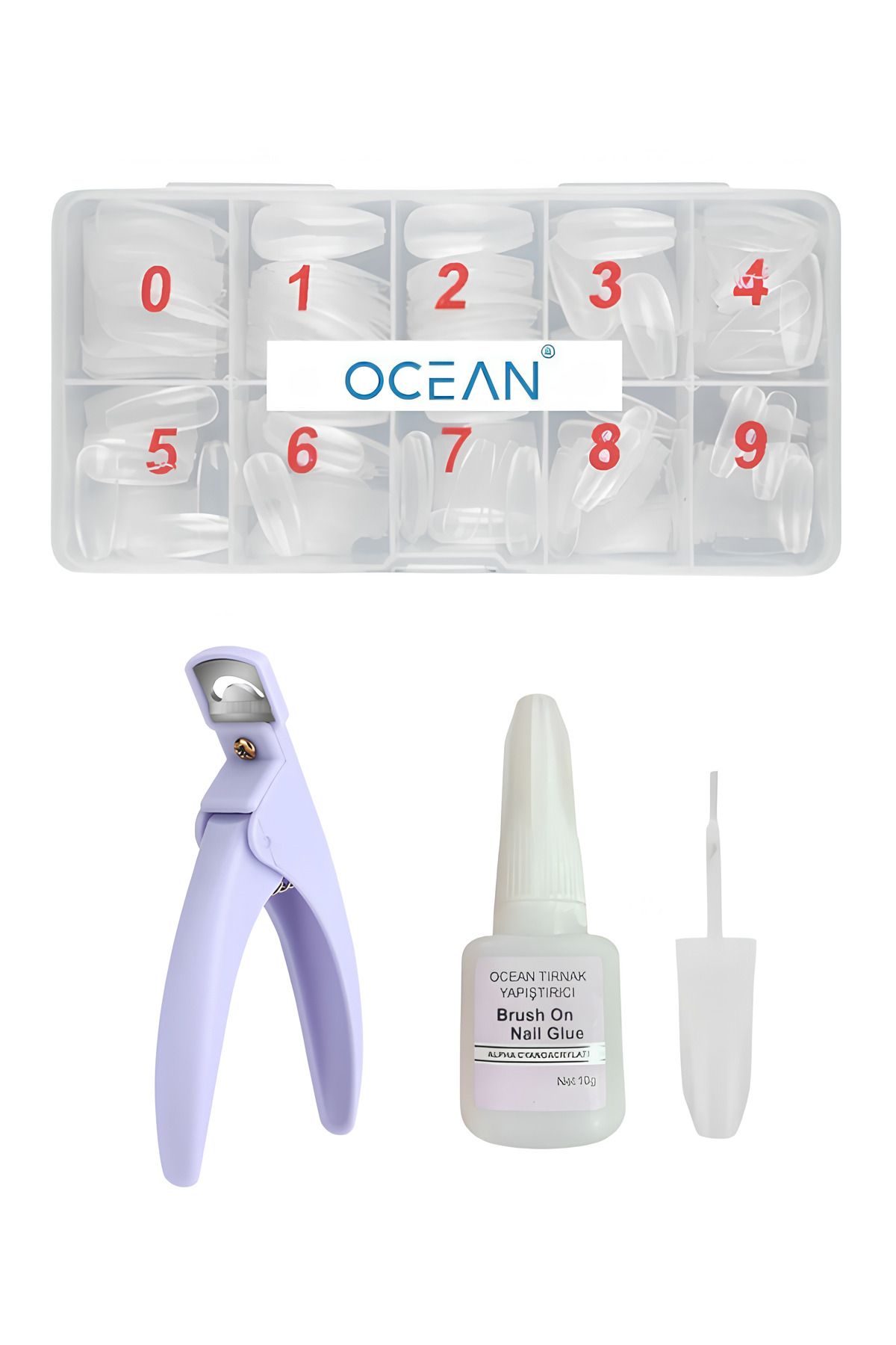 OceanCare Protez Tırnak 500'lü Kemik Yarım Ay Tips, Tips Makası Ve Tırnak Yapıştırıcı Set