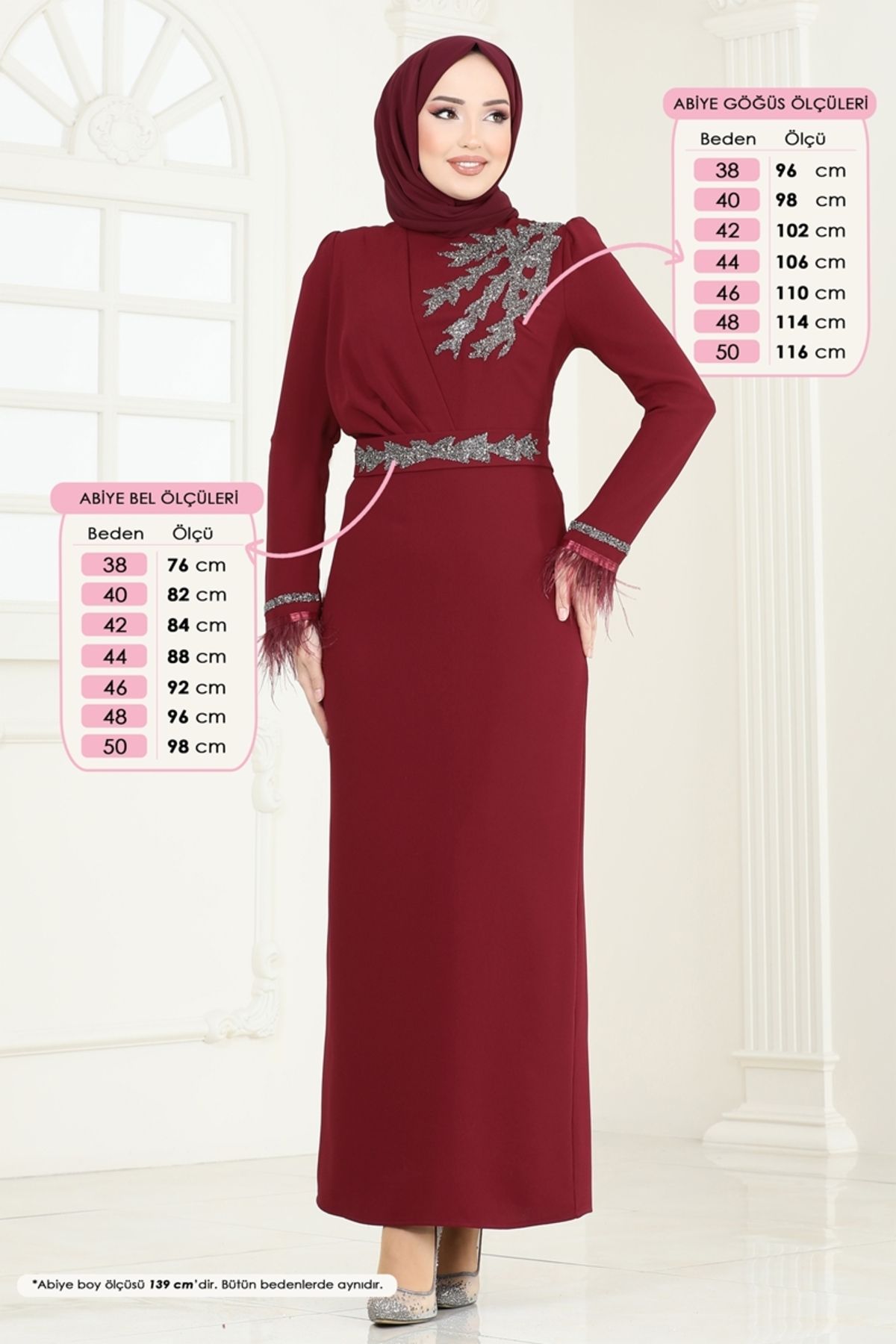 Modaselvim Otriş Tüylü Abiye Elbise 5642EDF311 Bordo