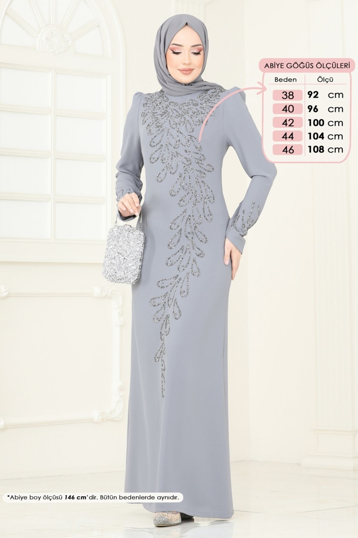 Modaselvim Taş Detay Abiye Elbise 4407MDH809 Gri