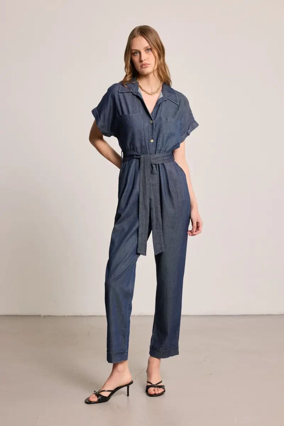 Gusto Beli Kemerli Denim Tulum - Mavi