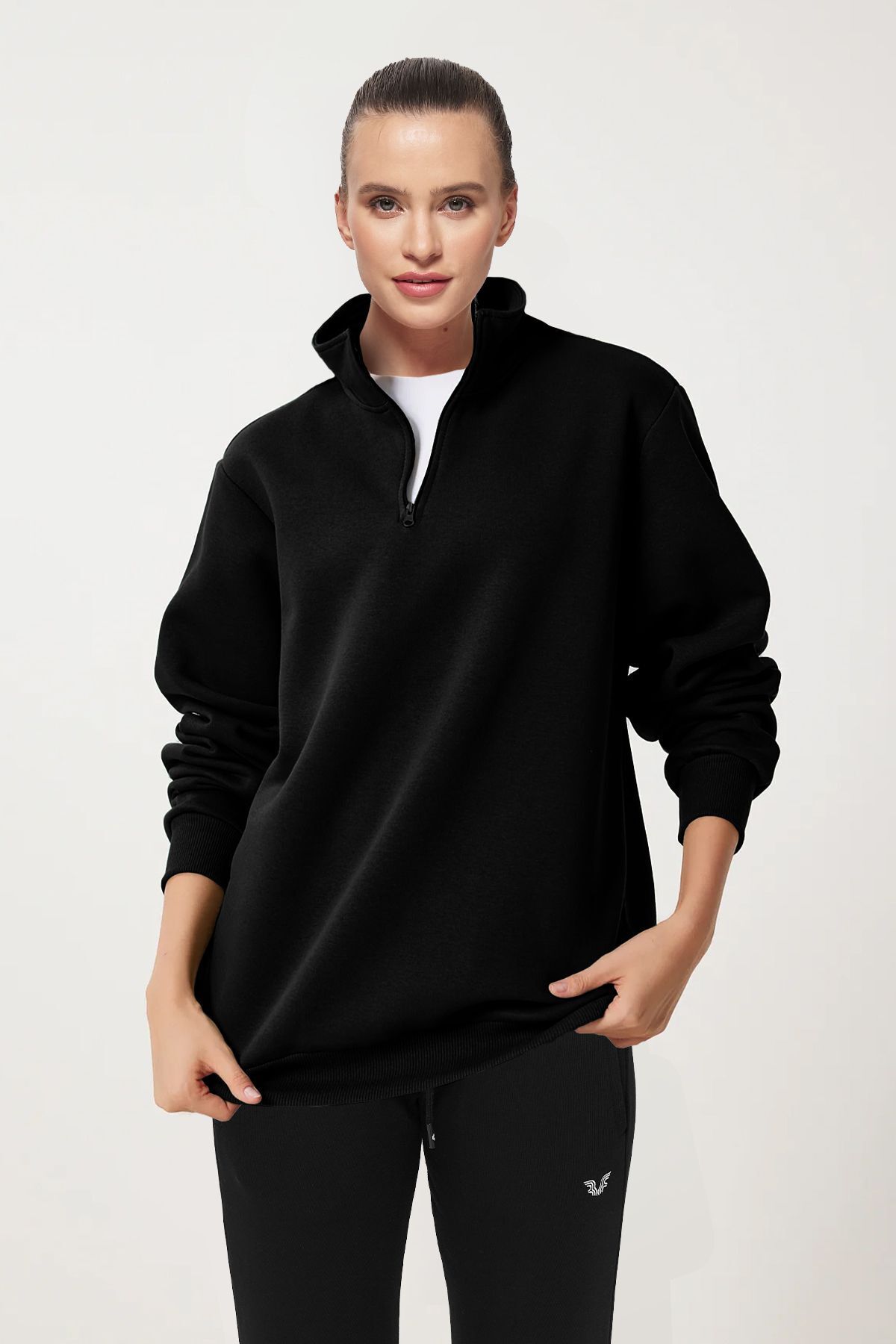 aradimtaradim Peak Kadın Siyah Oversize Fermuarlı Yaka Sweatshirt 7012