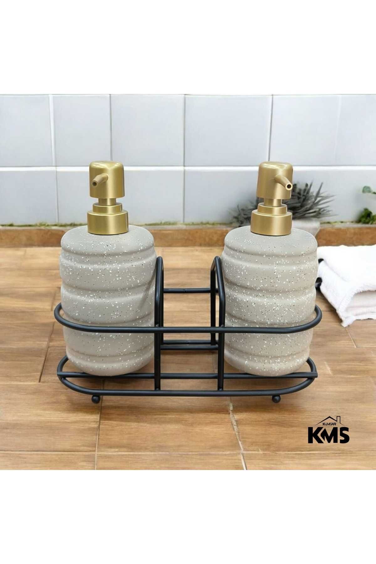 KMS Kumsar Metal standlı 2'li porselen sıvı sabunluk
