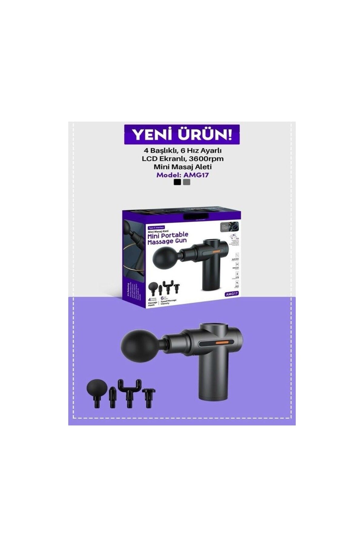 auhma AMG017 Taşınabilir Sessiz Mini Masaj Aleti - 6 Hız Ayarlı, LCD Ekran, 3600RPM