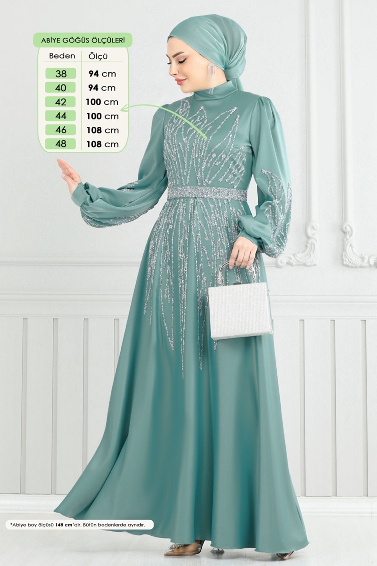 Modaselvim Taş Detay Saten Abiye 5675EDF311 Mint