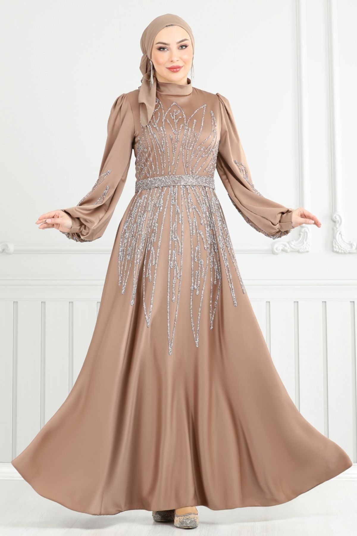 Modaselvim Taş Detay Saten Abiye 5675EDF311 Açık Kahve