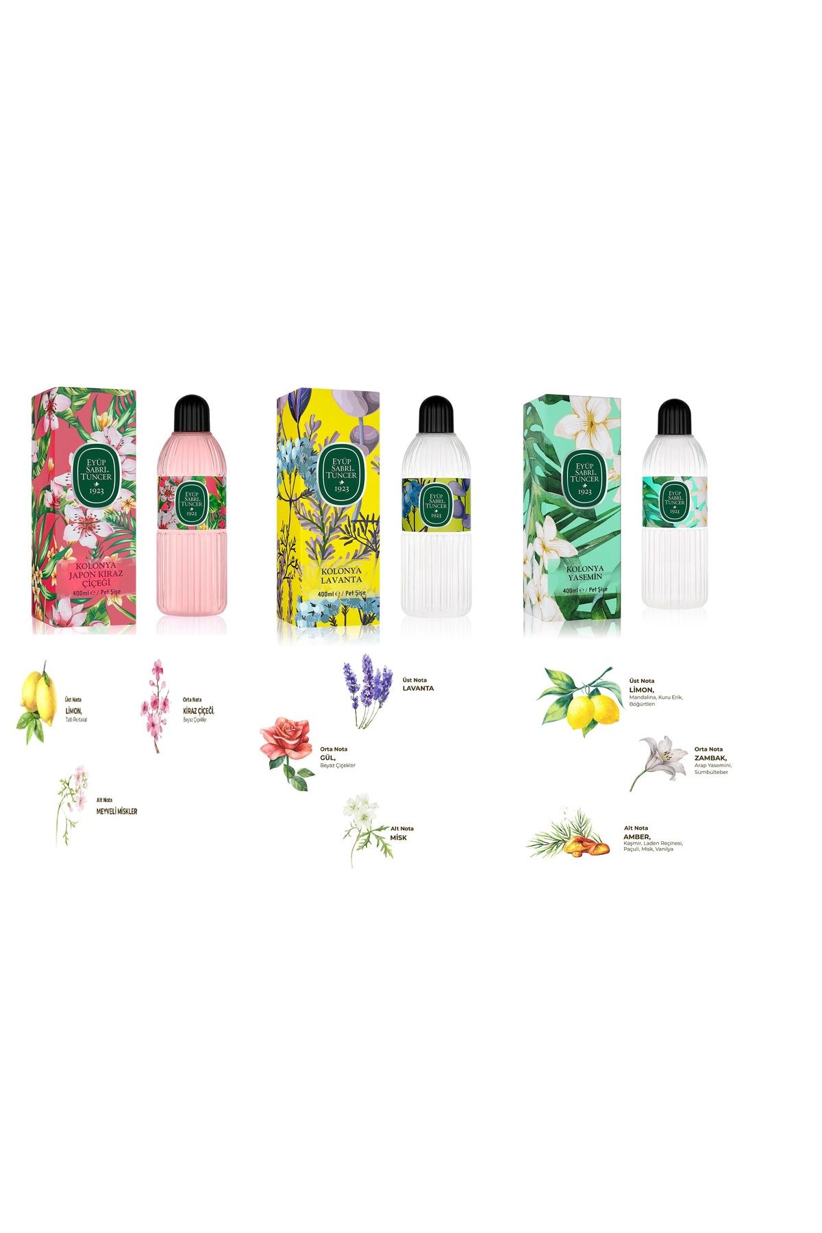 Eyüp Sabri Tuncer EYÜP SABRİ TUNCER JAPON KİRAZ SAKURA, JASMİNE YASEMİN, LAVENDER LAVANTA KOLONYALARI 400 ML x 3 adet