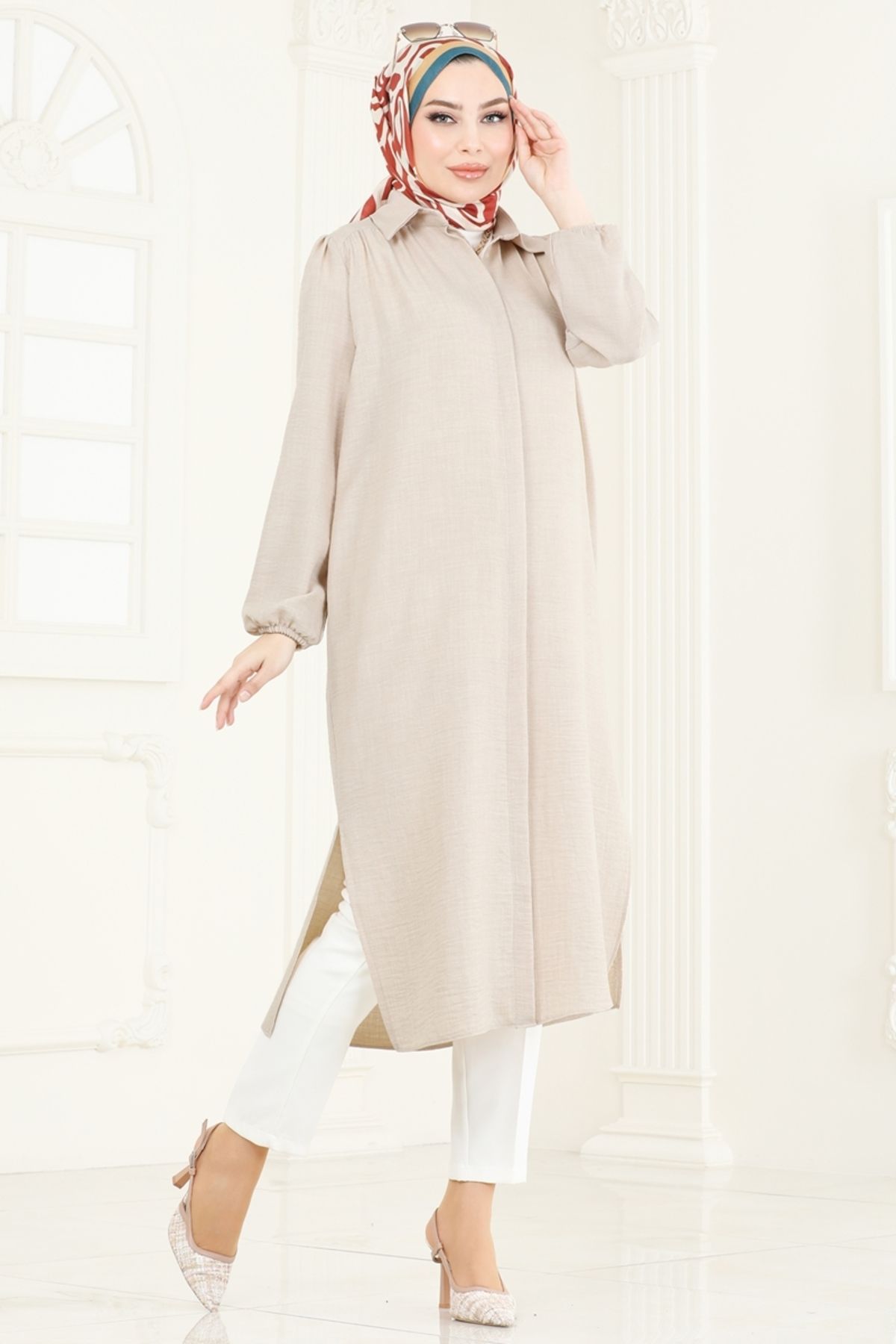 Modaselvim Gömlek Yaka Keten Tunik 6174BSK463 Taş