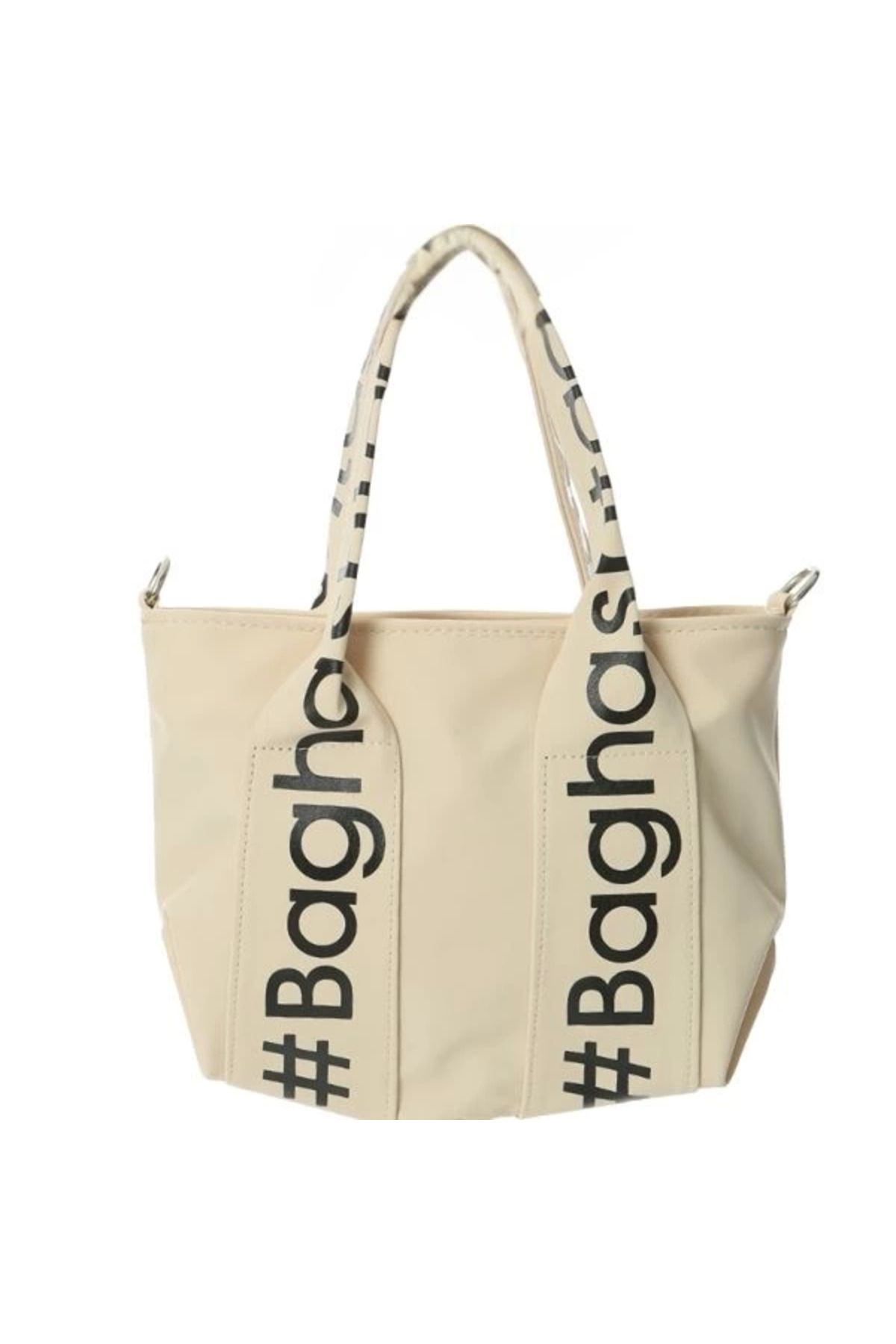 Emperium Baghashtag Krem Mini Su Geçirmez Kulp Yazılı Tote Çanta
