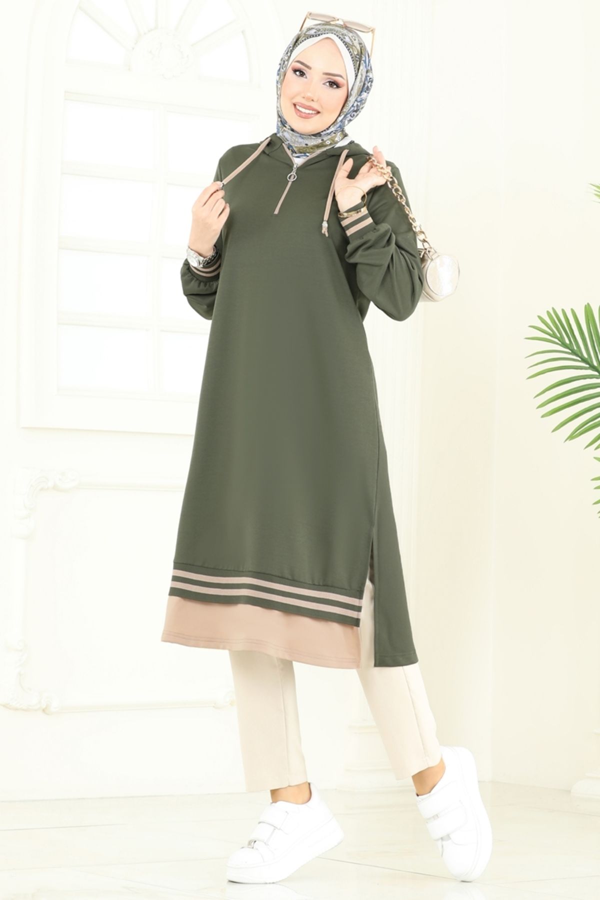 Modaselvim Yarım Fermuarlı Tesettür Tunik 399DVL817 Haki