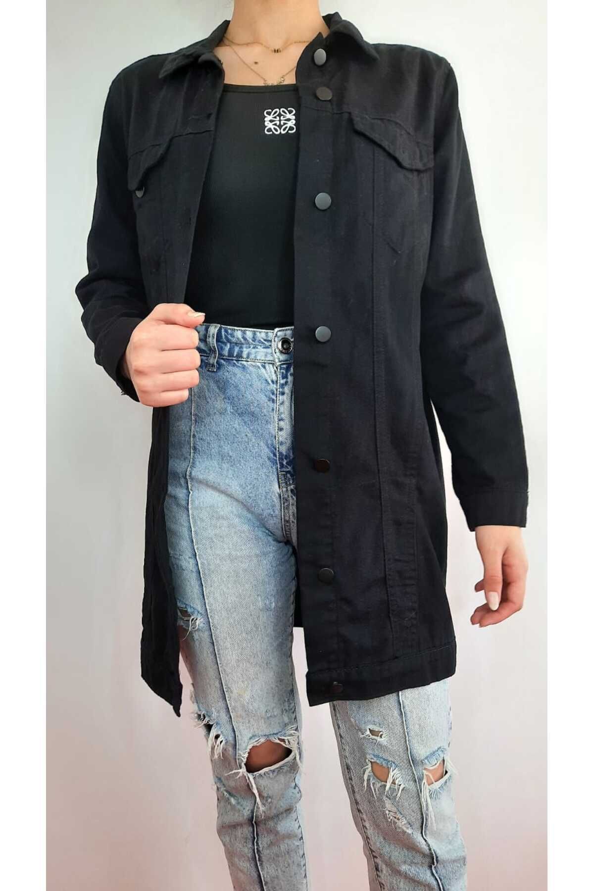 ŞIK VE MUTLU Uzun Boyfriend Denim Kadın Kot Ceket