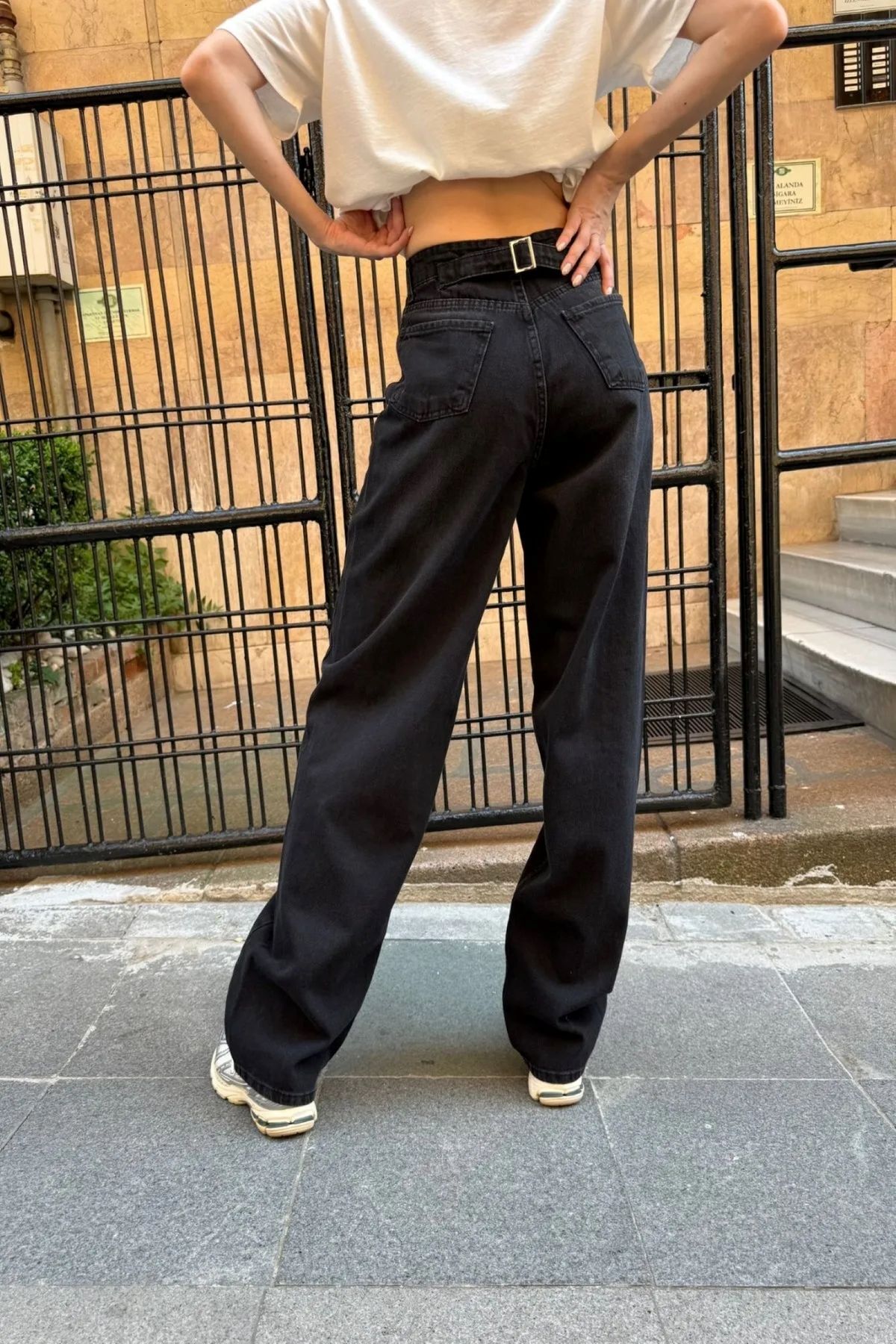 FABİRE WEAR Siyah Toka Detaylı Rahat Baggy Jean Kot Salaş Kadın Pantolon