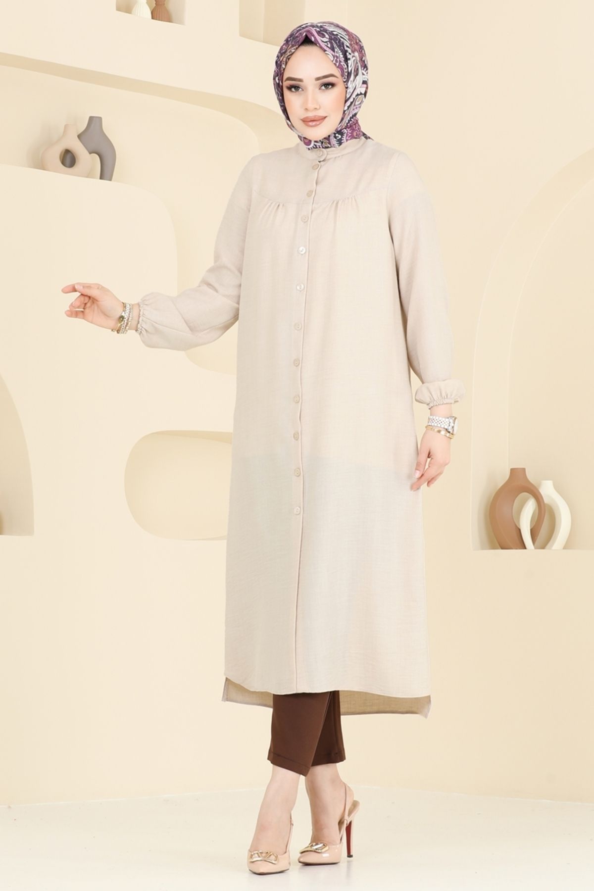 Modaselvim Önden Düğmeli Keten Tunik 6170BSK463 Taş