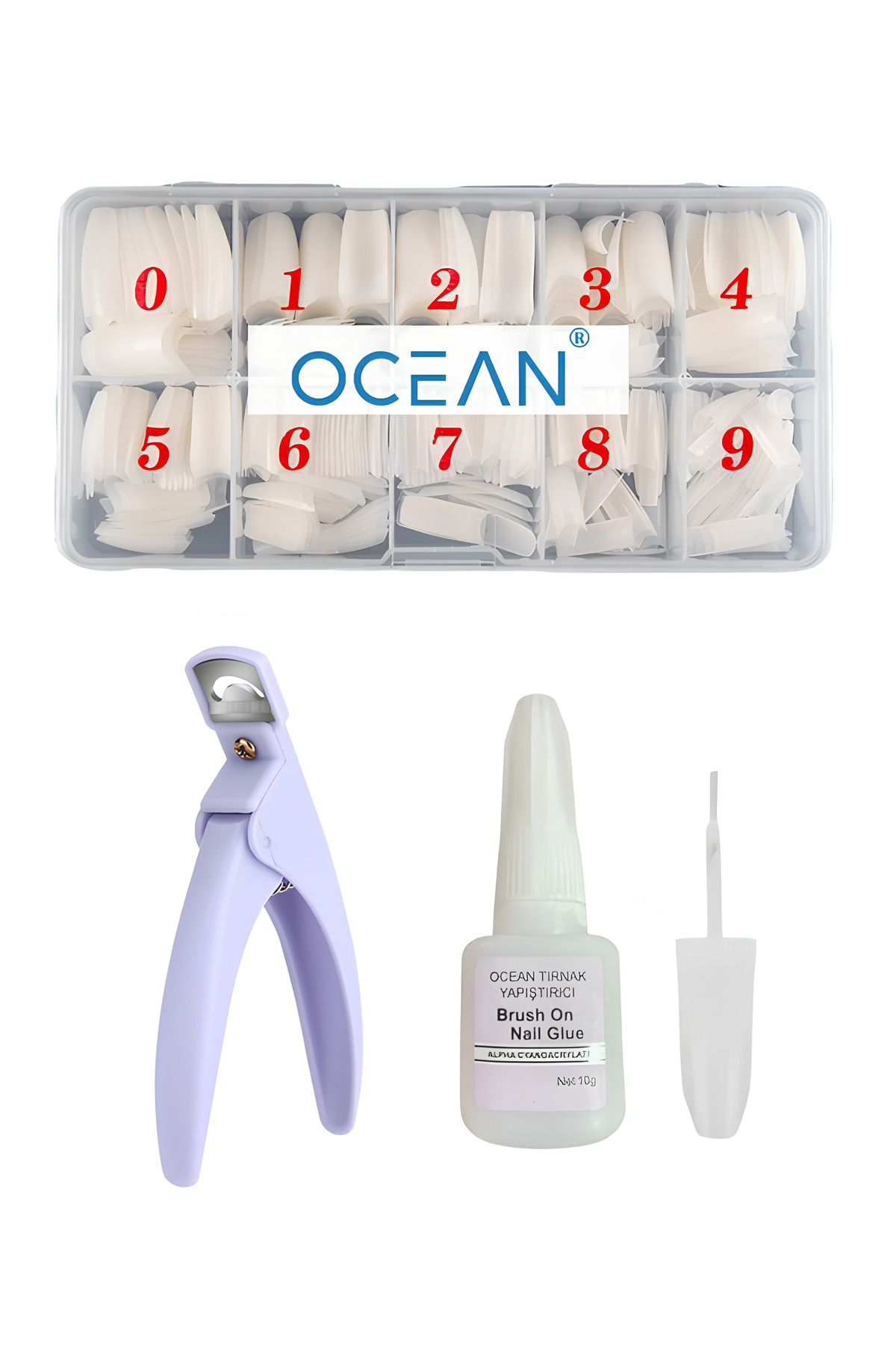 OceanCare Protez Tırnak 500'lü Kemik Yarım Ay Tips, Tips Makası Ve Tırnak Yapıştırıcı Set