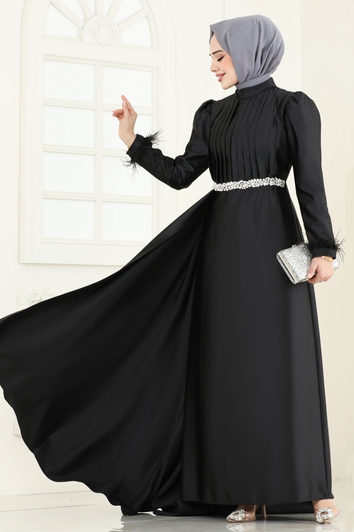 Modaselvim Beli Taşlı Saten Abiye 8006YG95 Siyah