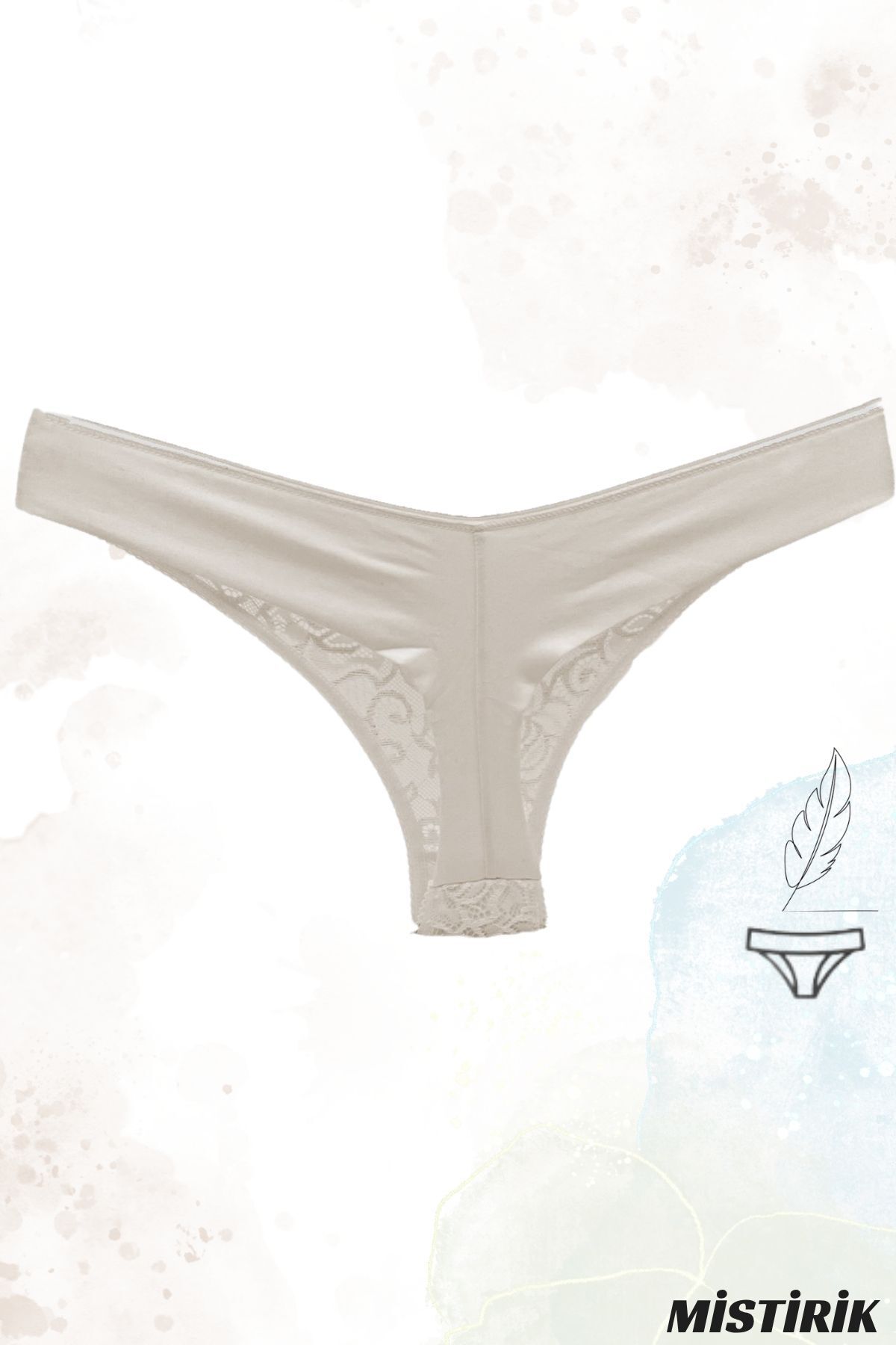 MİSTİRİK-High Waist Ecru Color Slip Thong - Table Model, Soft Fabric with Semi Lace 2
