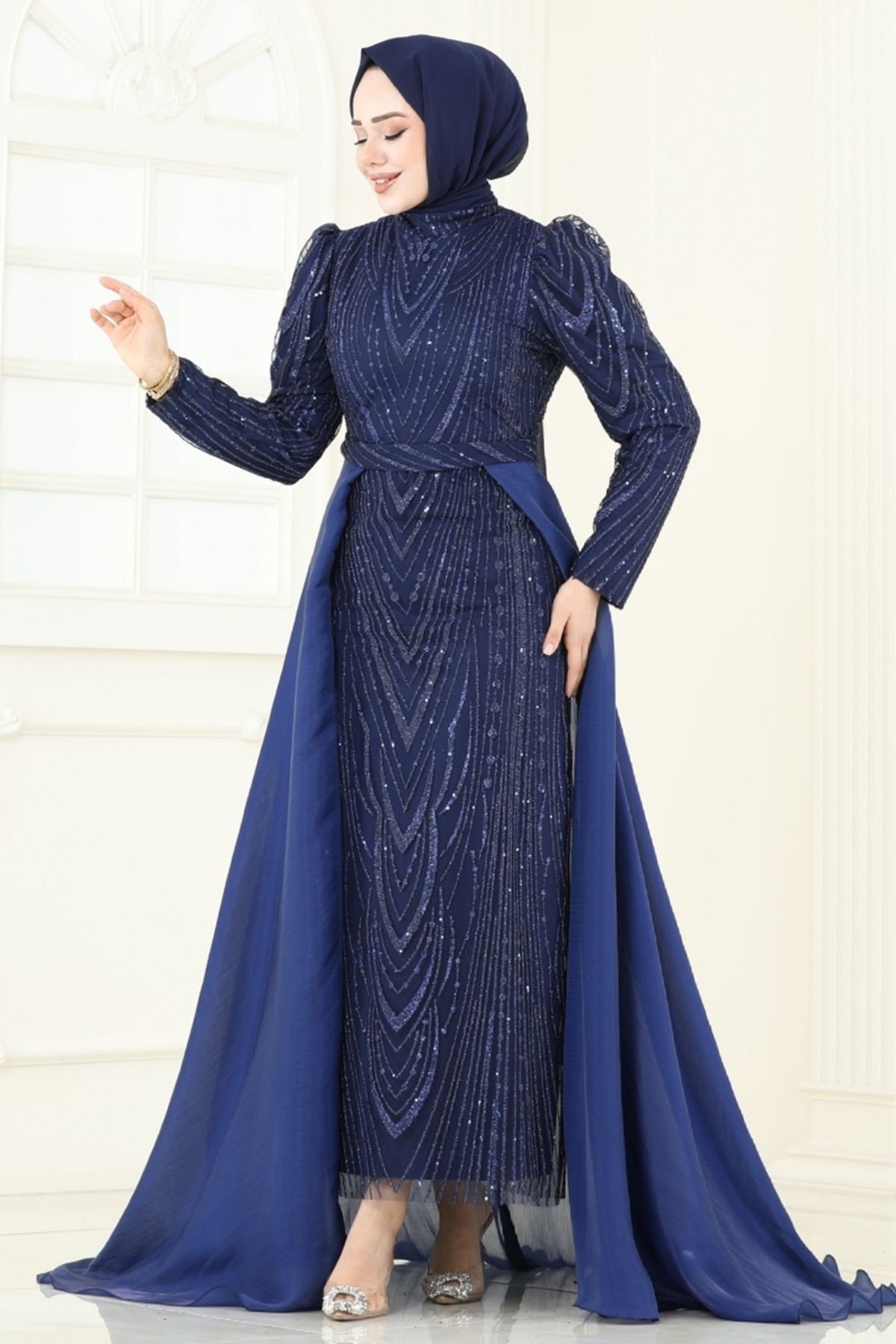 Modaselvim Pelerinli Simli Abiye 6632YG95 Laci