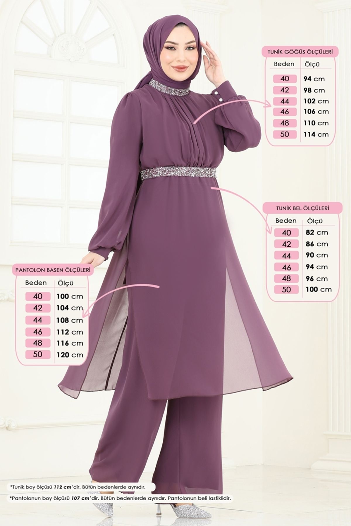 Modaselvim Kemeri Taşlı Şifon Abiye Takım 4272AB368 Koyu Lila