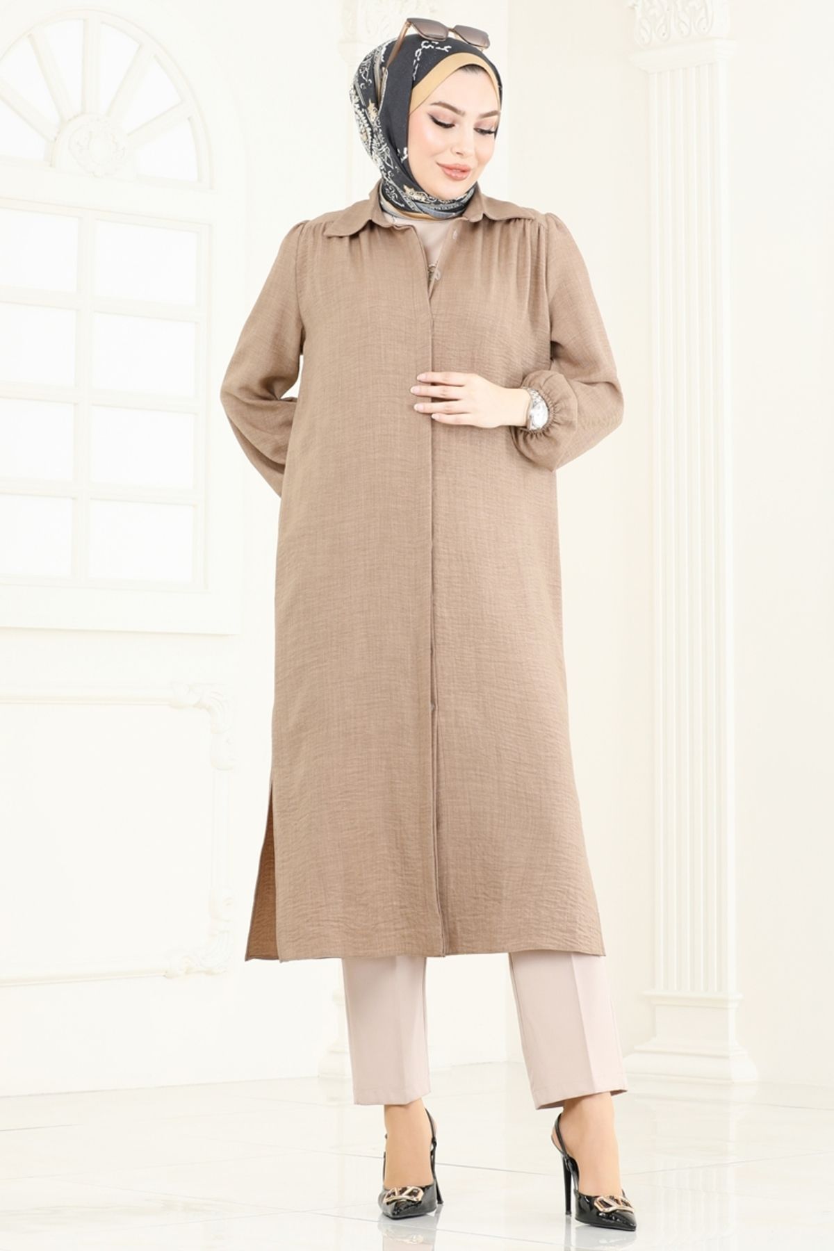 Modaselvim Gömlek Yaka Keten Tunik 6174BSK463 Koyu Vizyon