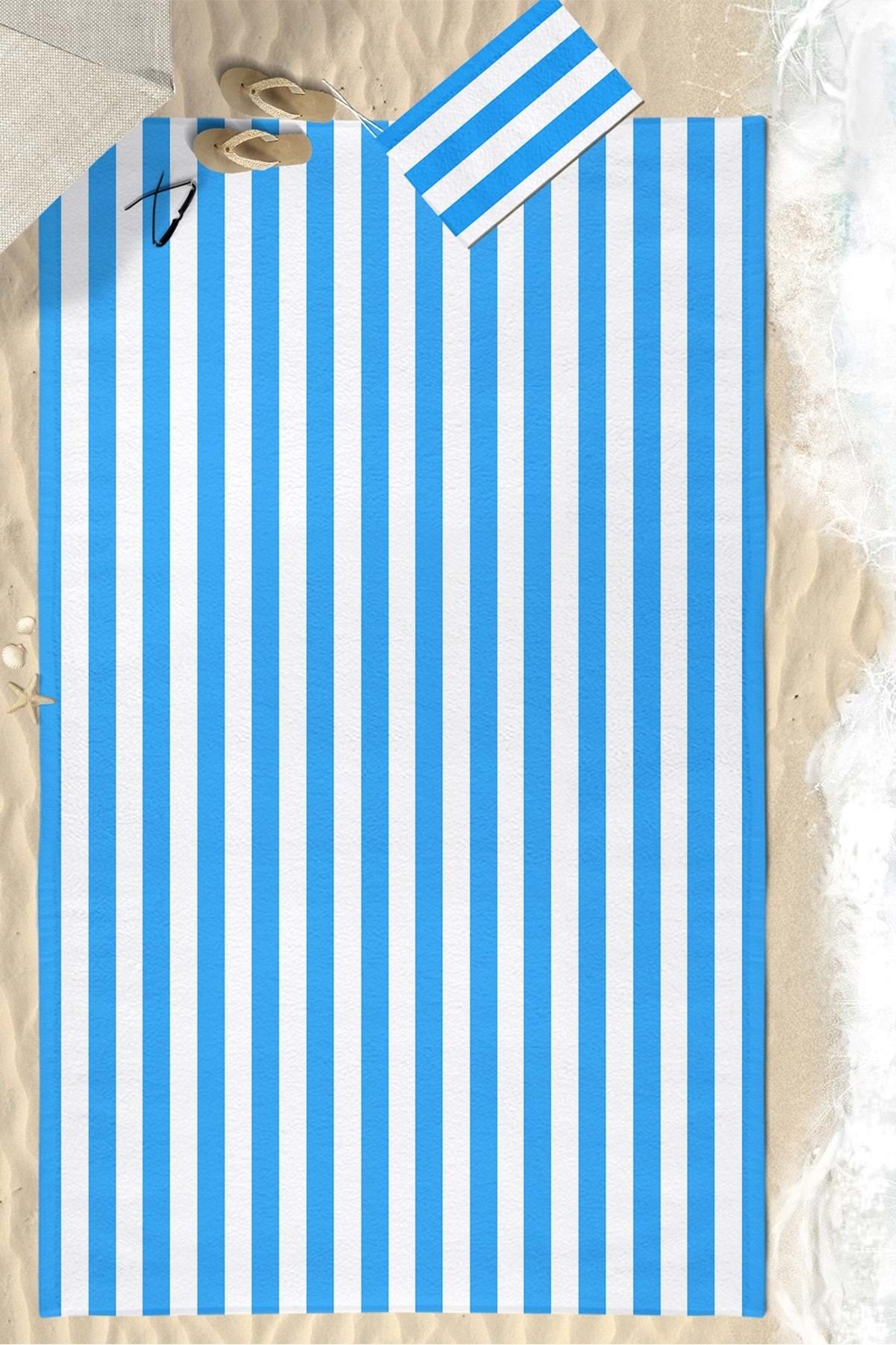 VEVİEN HOME Mavi Çizgili Dijital Baskılı 150x220 Cm Aile Boyu Plaj Havlusu Kum Geçirmez