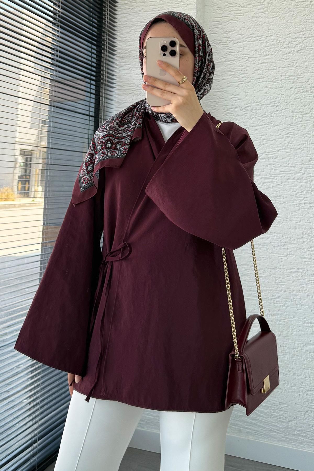 MELEK ARAZ Yaka Pileli Bağlamalı Kimono Tunik – Mürdüm