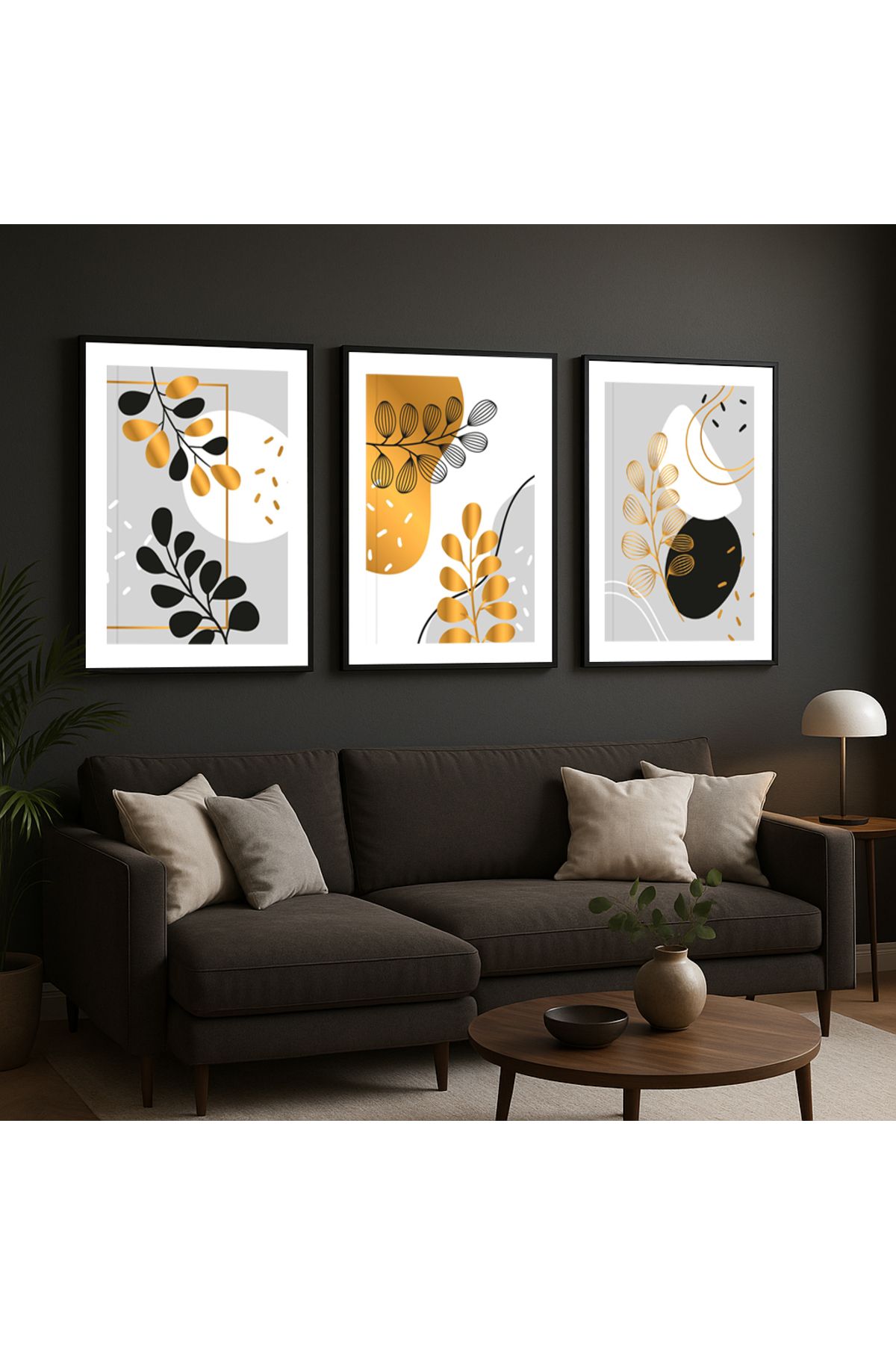 volo dekor Volo Tablo Siyah Doğal Ahşap Çerçeveli Soyut Sanat Tablo Seti Ev & Ofis Dekoru,