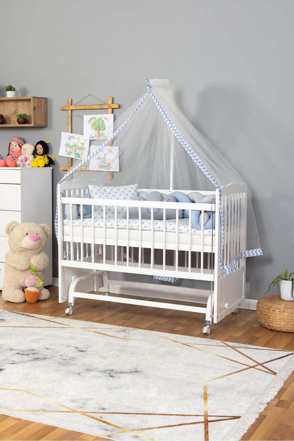 Bamgidoo Ahşap Anne Yanı Bebek Beşiği Yeni Doğan Portatif Beşik 60x120 Örgü uyku setli-Tekerlekli