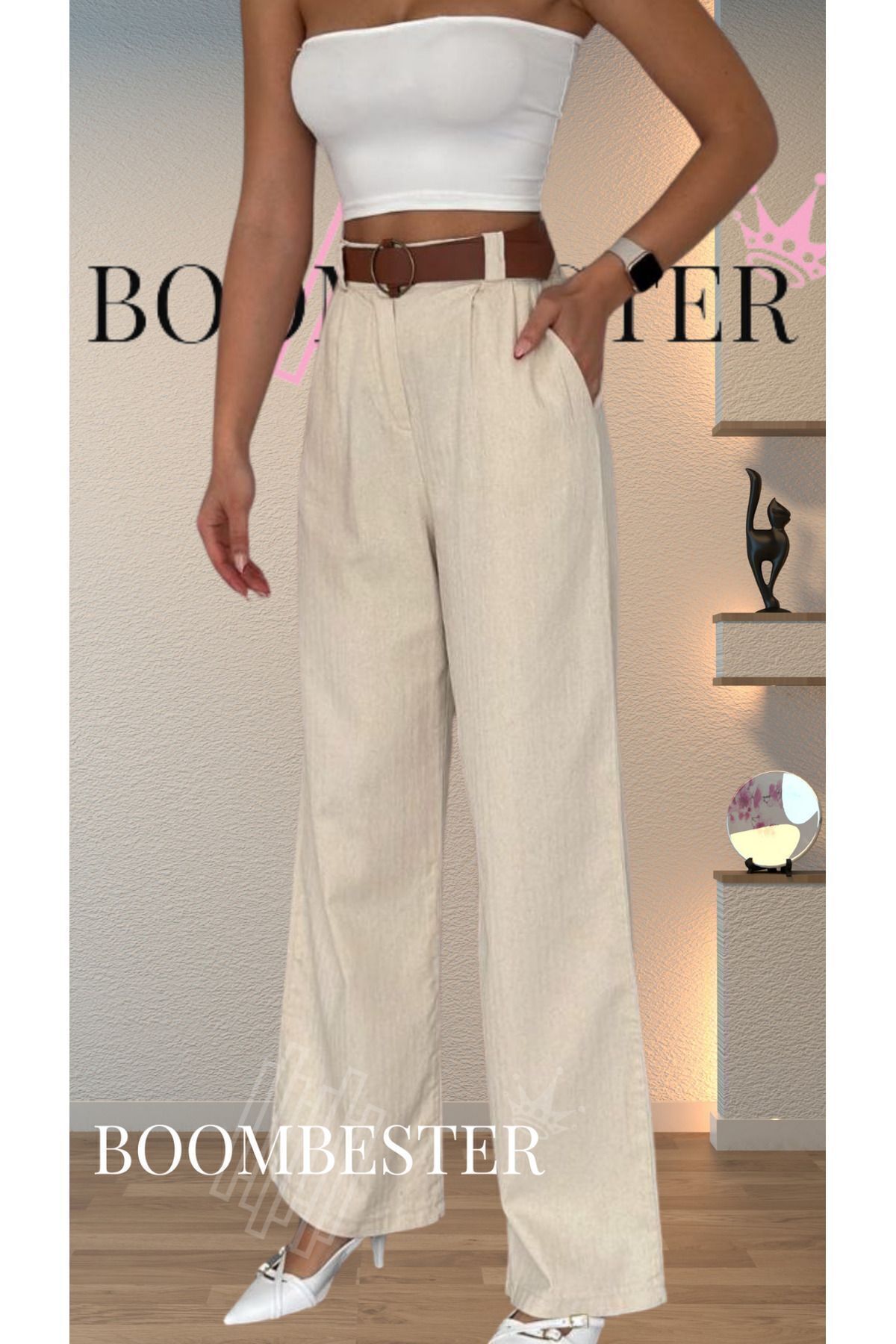 BoomBester  Ham Keten Kemerli Beli Lastikli Gabardin Palazzo Kadın Pantolon-Yeni Sezon - Görsel 6
