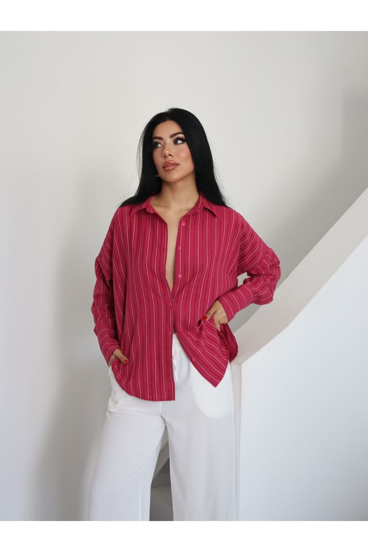 Fashionbox çizgili dokulu rahat kesim gömlek