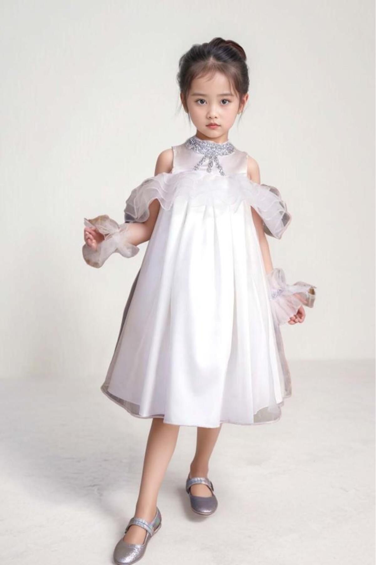 Riccotarz-Girl's Off-Shoulder Collar Stone Embroidered Bust Ruffle Lined White Evening Dress 4