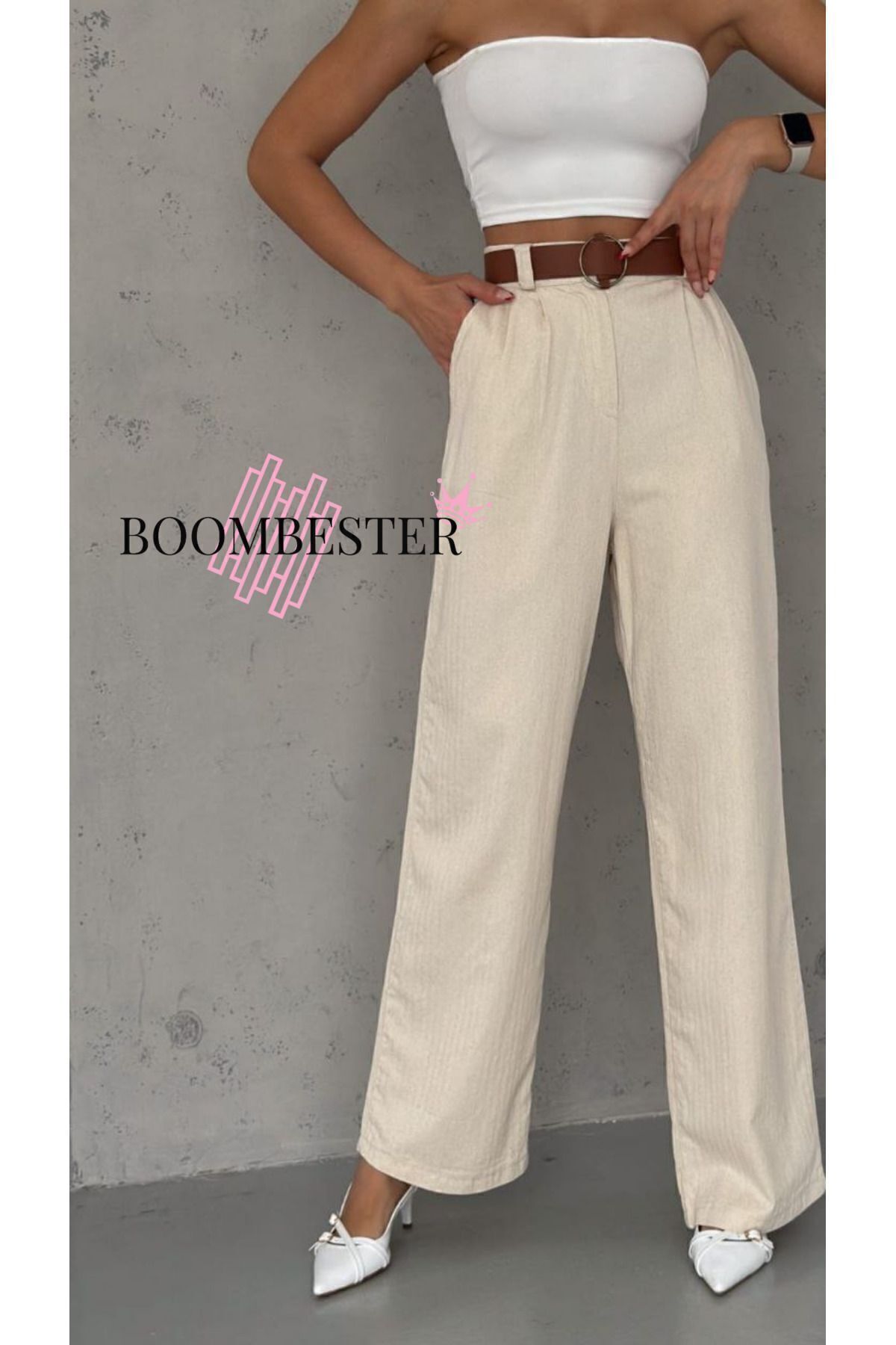 BoomBester  Ham Keten Kemerli Beli Lastikli Gabardin Palazzo Kadın Pantolon-Yeni Sezon - Görsel 7