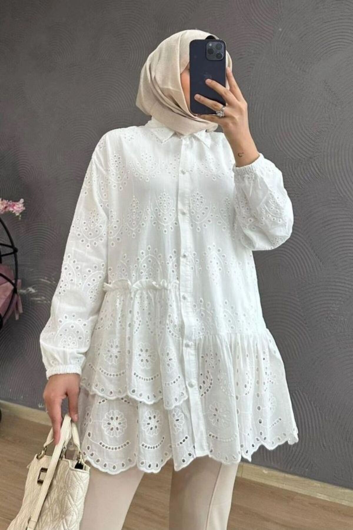 Aşkın fashion brode dantel fırfırlı tesettür tunik